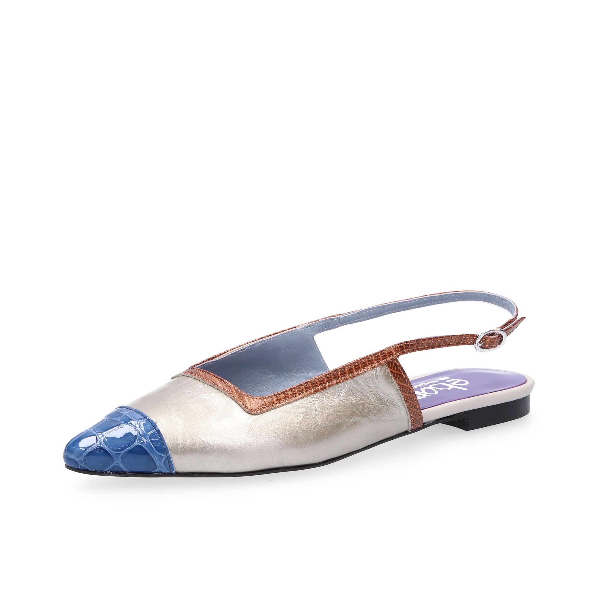 Ebarrito 
Slingback in pelle
patchwork con scollo
squadrato e tacco 1cm