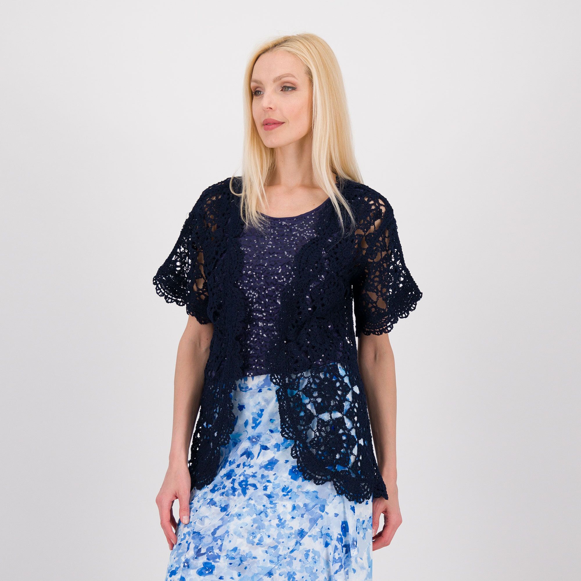 Nina Leonard Cardigan in pizzo crochet, fantasia fiori
