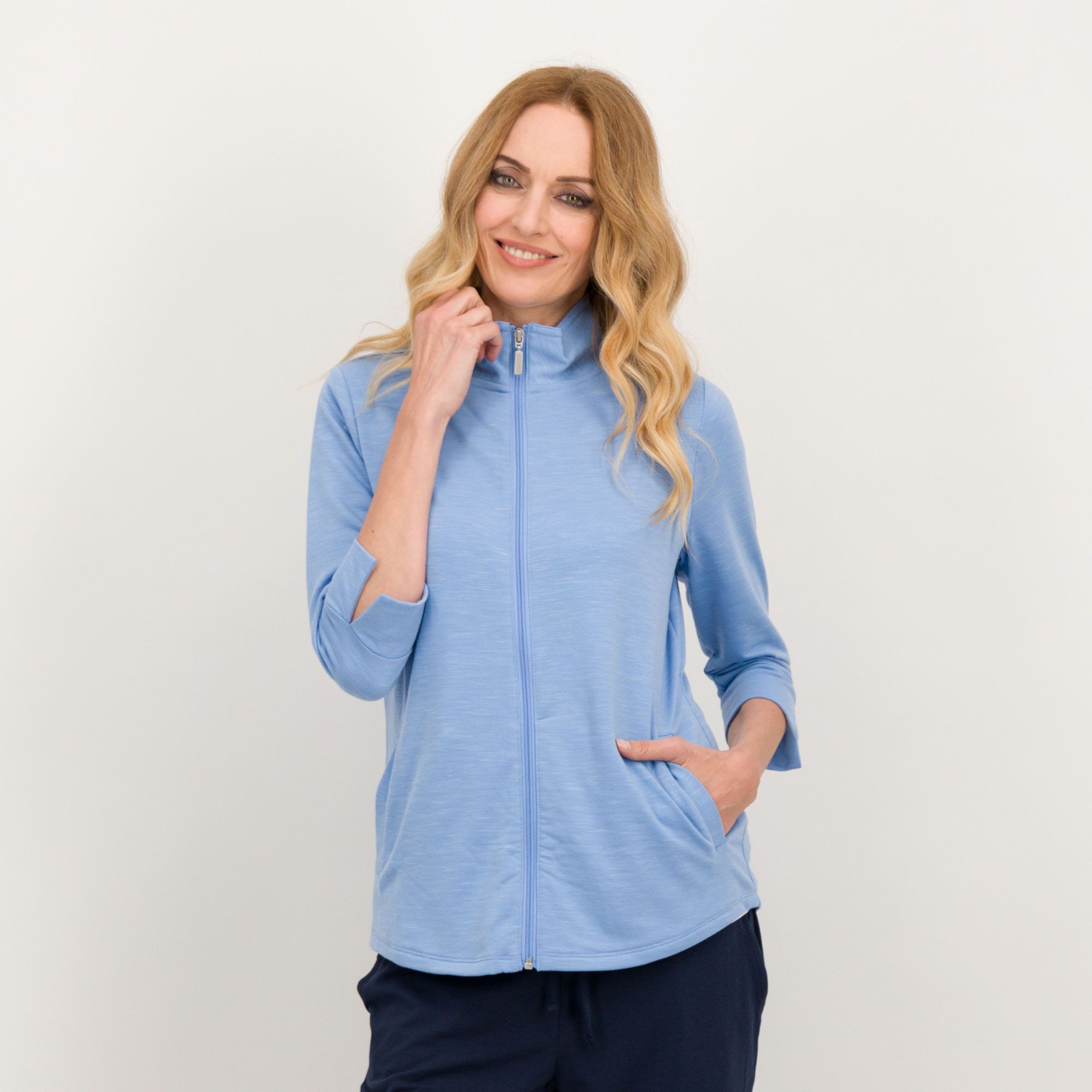 Denim & Co. Cardigan in felpa tinta unita con zip e fondo stondato