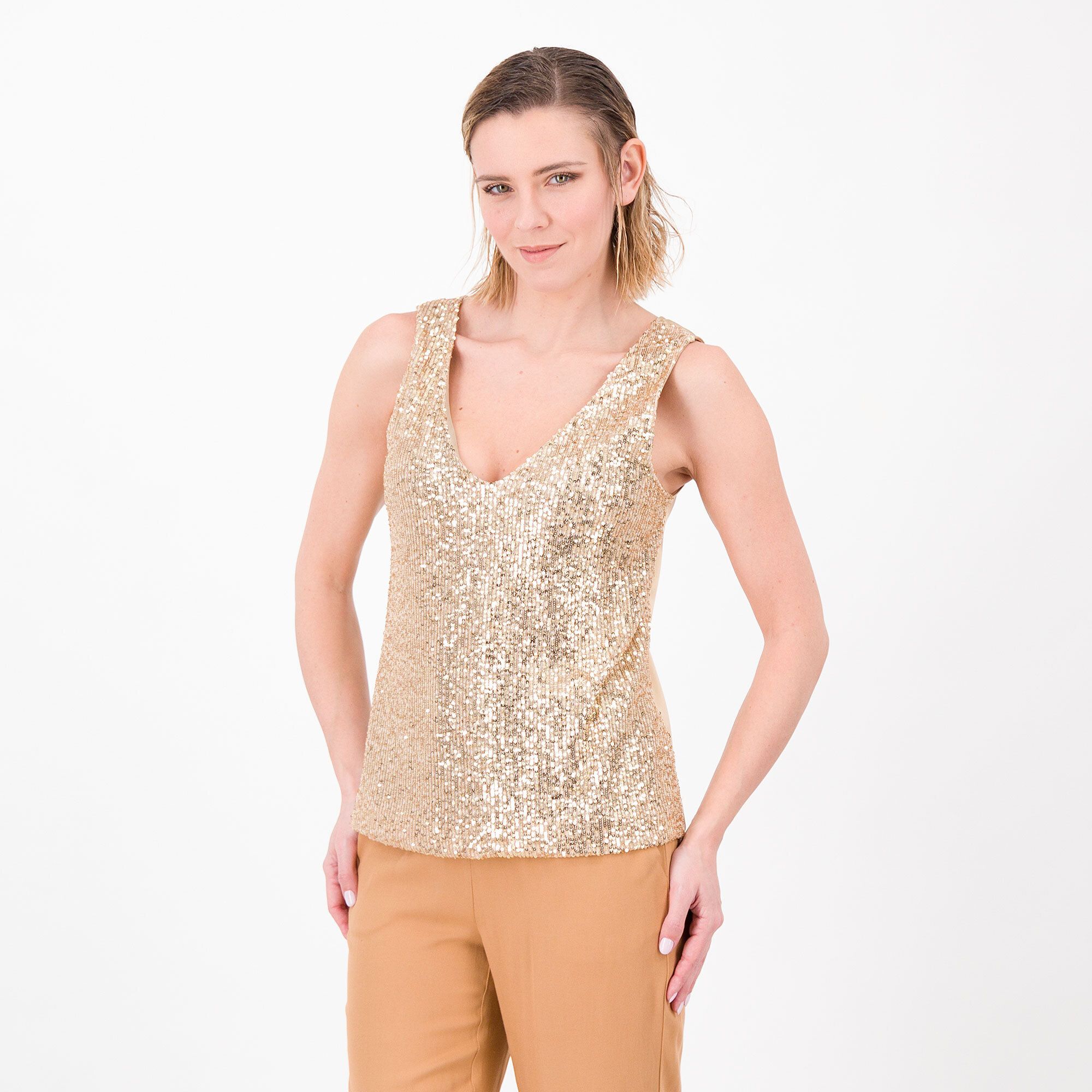 QVC SottoMarino Top smanicato in tessuto paillettes Dietro in rasone Made in Italy