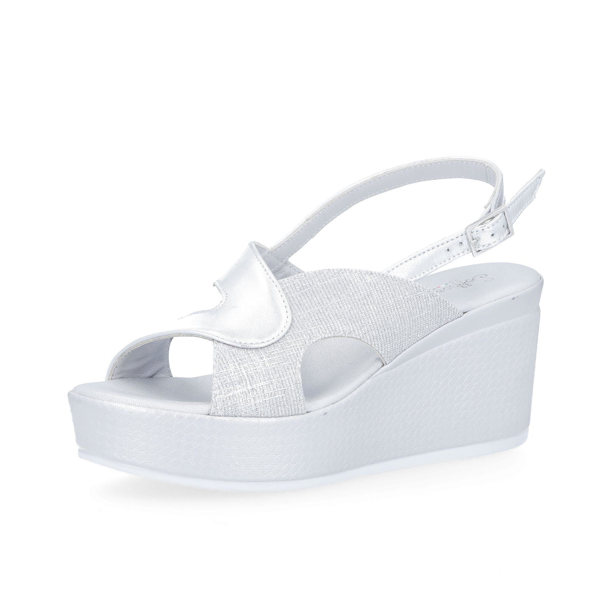 Soffice Sogno
Sandalo in pelle
laminata e tessuto
glitter zeppa 8 cm