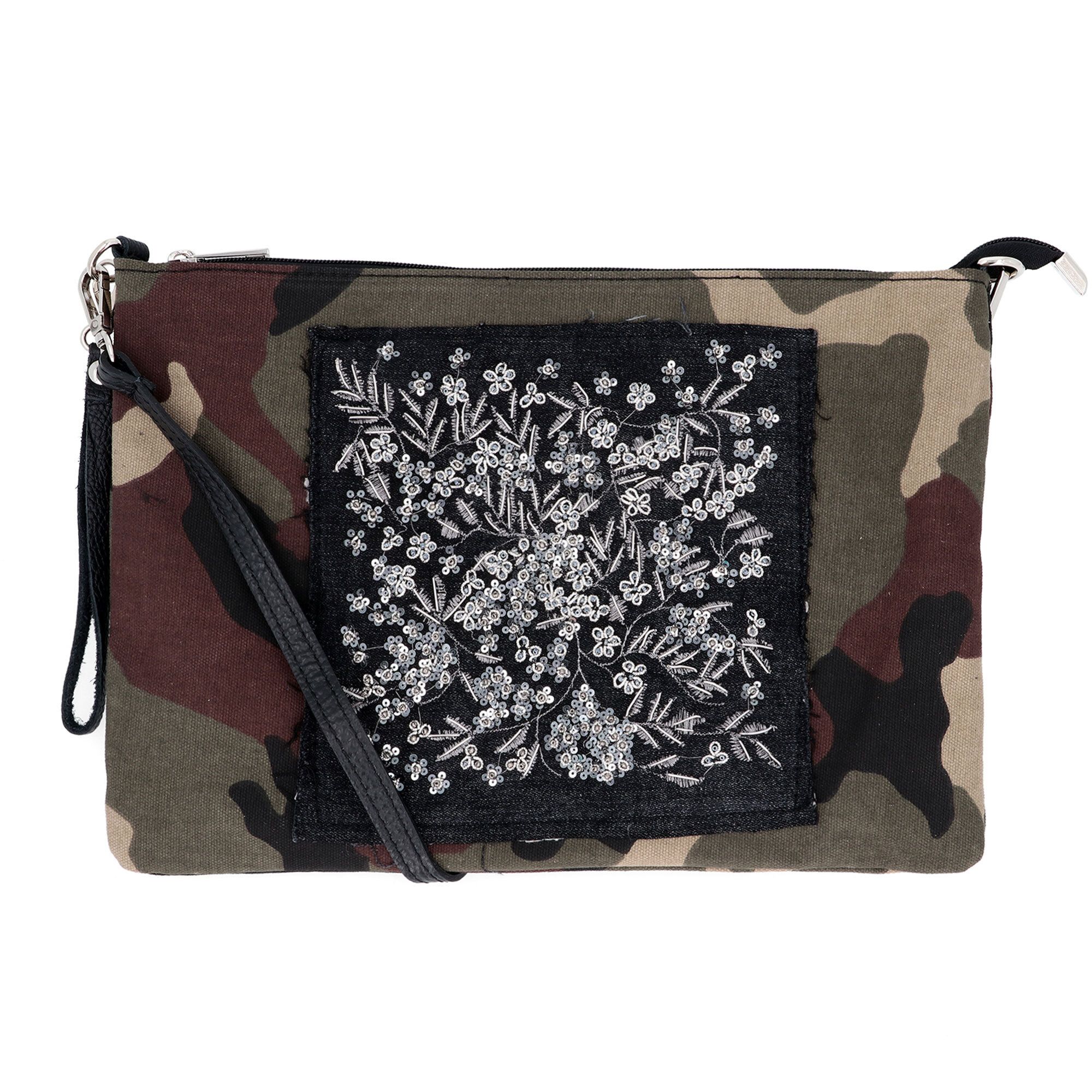 Stefano Ghilardi Borsa a bustina in tessuto con ricamo e applicazioni