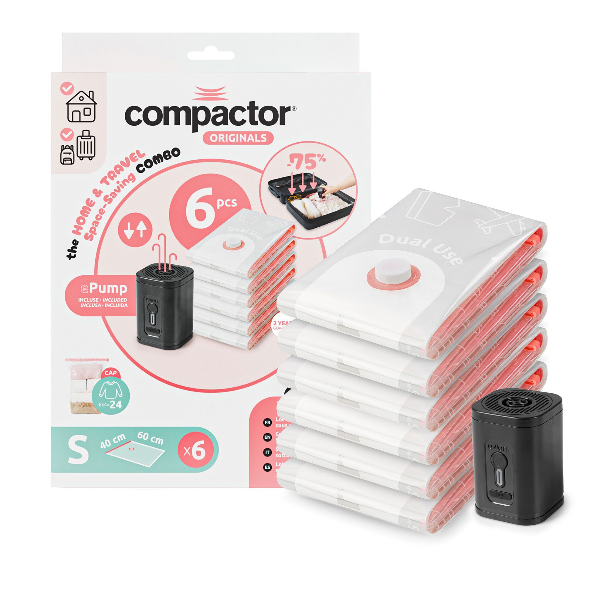 Compactor
Set viaggio: 6
sacchi sottovuoto
con pompa elettrica