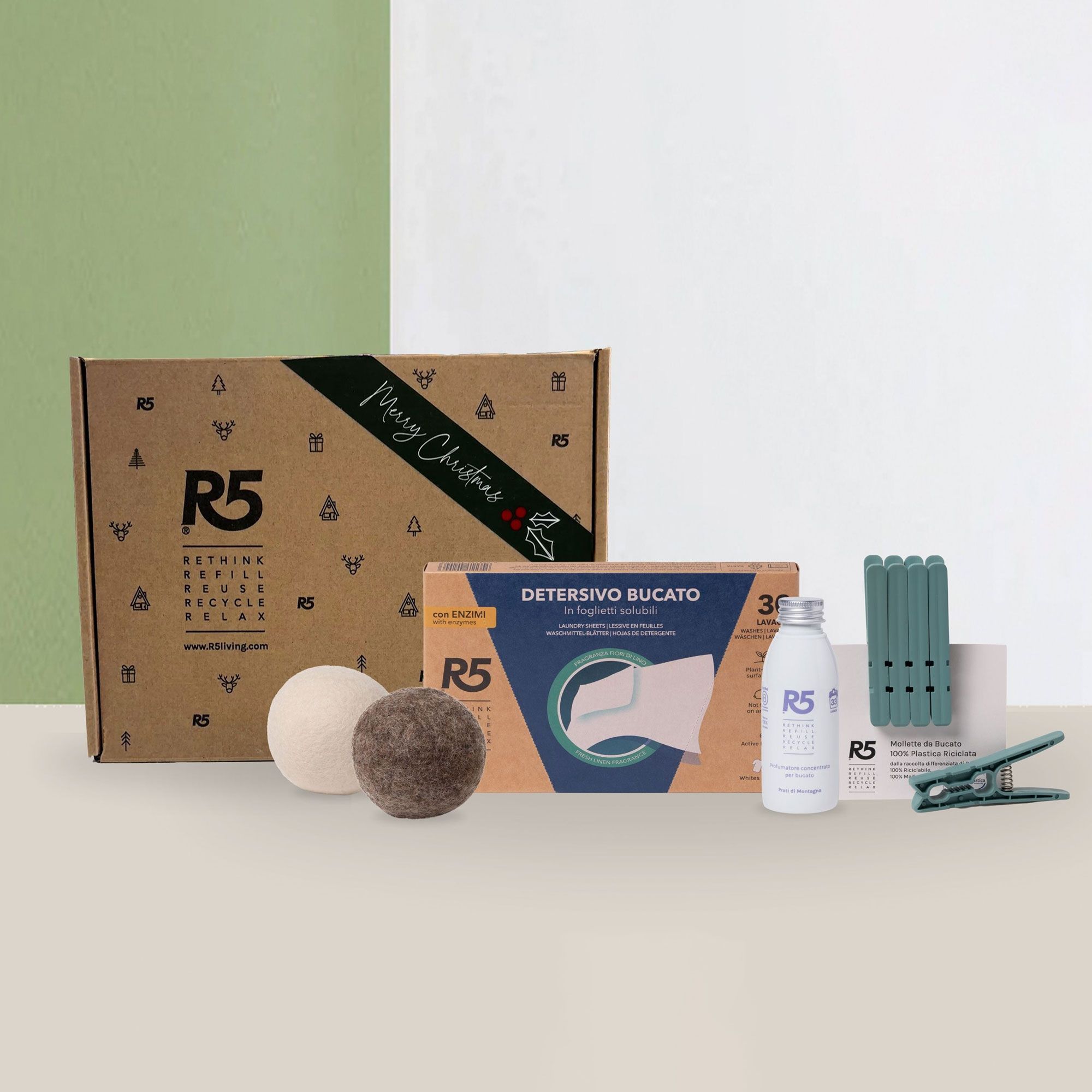 R5 Living
Kit bucato con
detersivo, mollette,
profumatore, palline