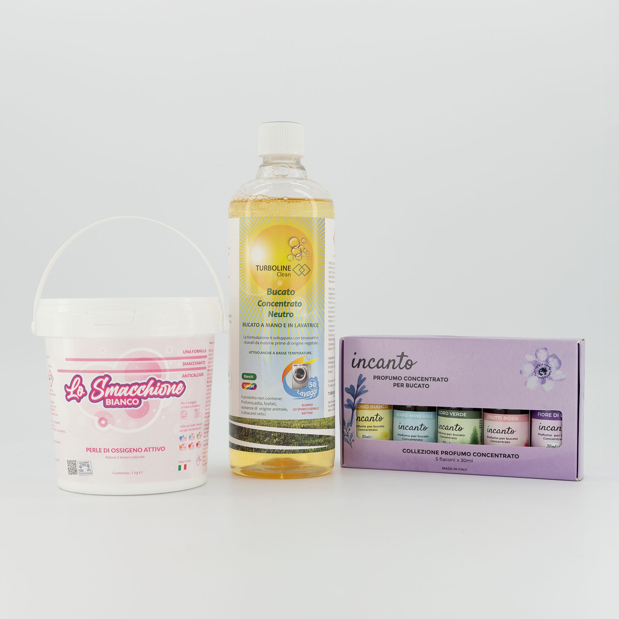Turboline Kit Bucato: detersivo + additivo Smacchione e kit profumi