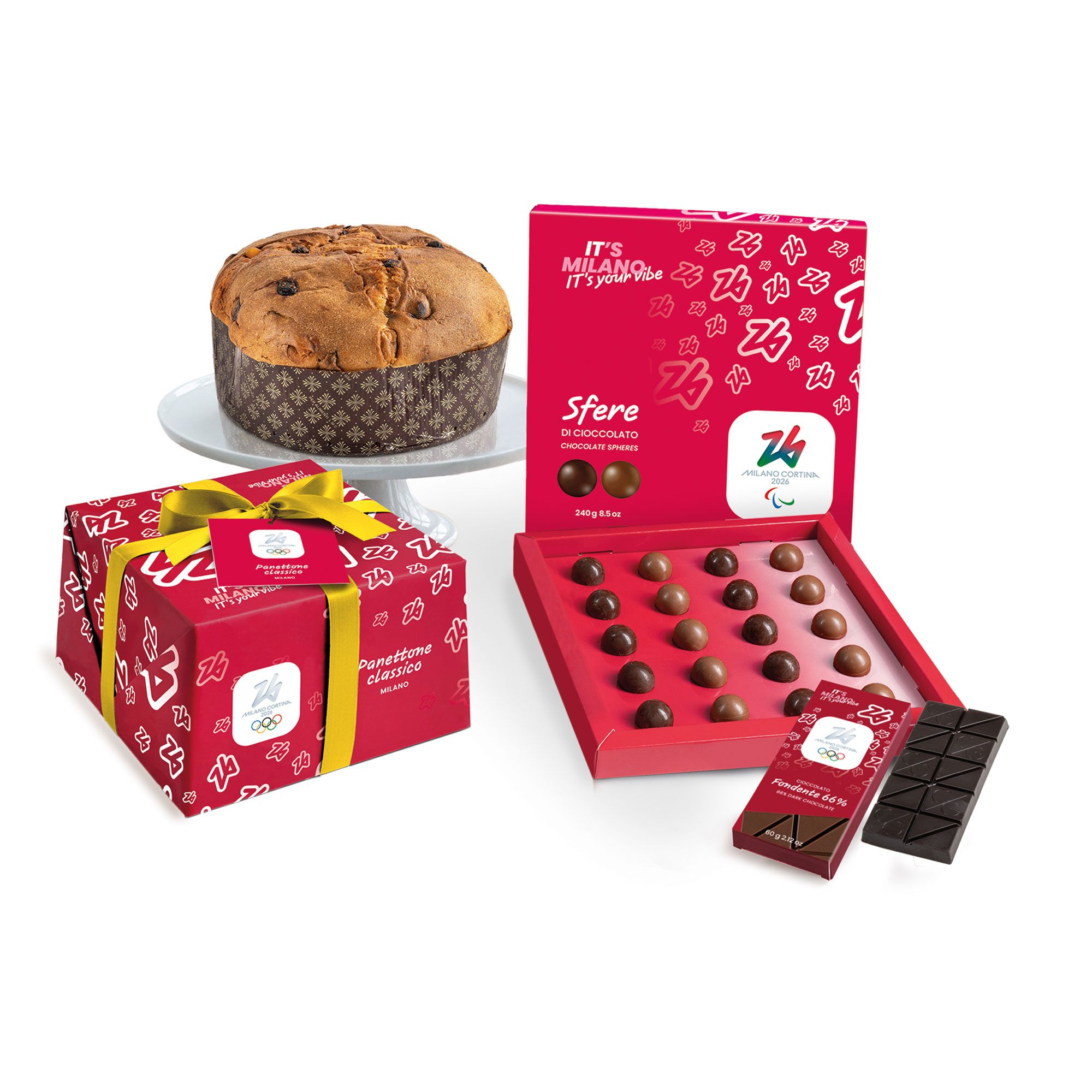  T'a Milano
Panettone classico,
sfere al cioccolato
e tavoletta fondente