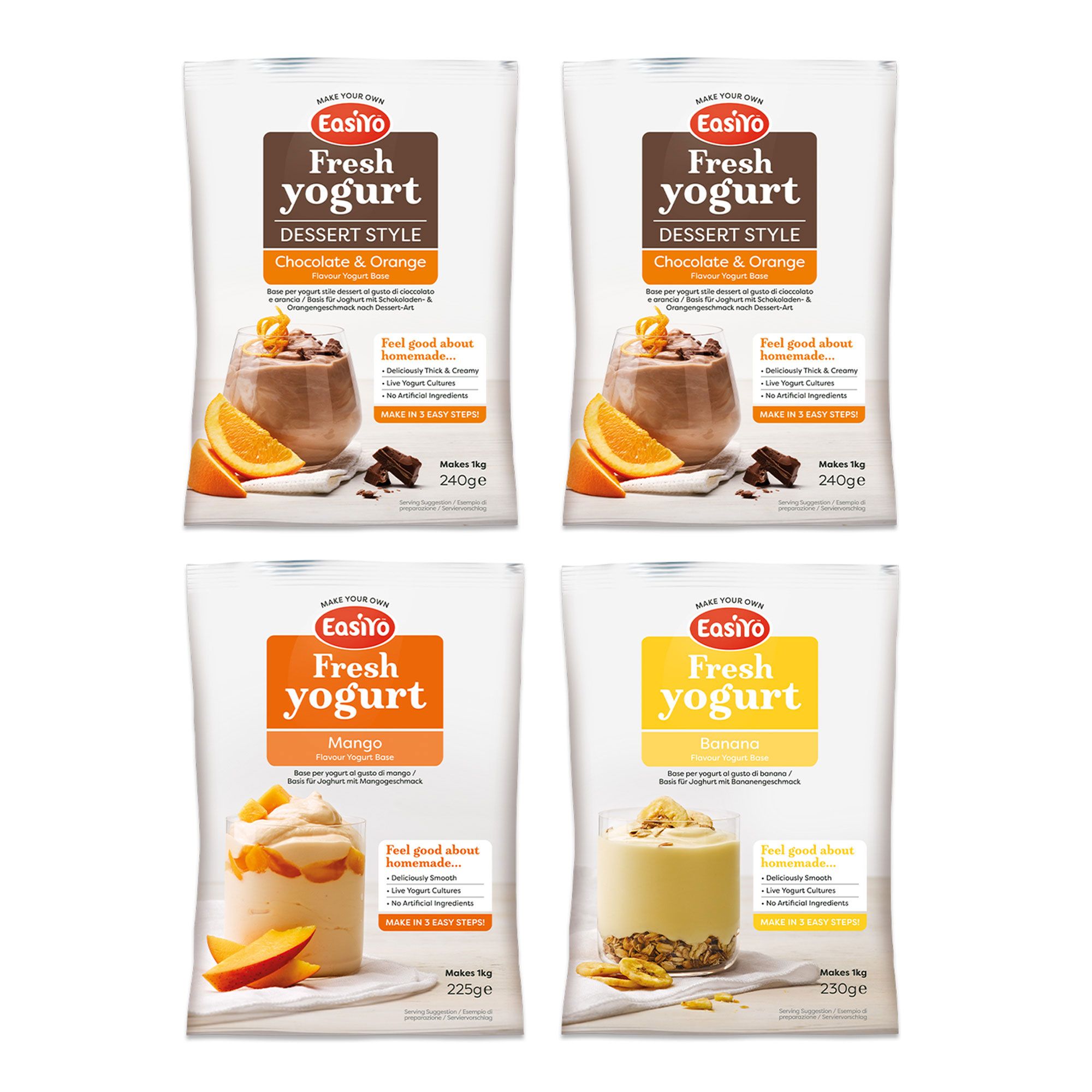 EasiYo
4 kg di yogurt:
cioccolato e arancia,
mango, banana