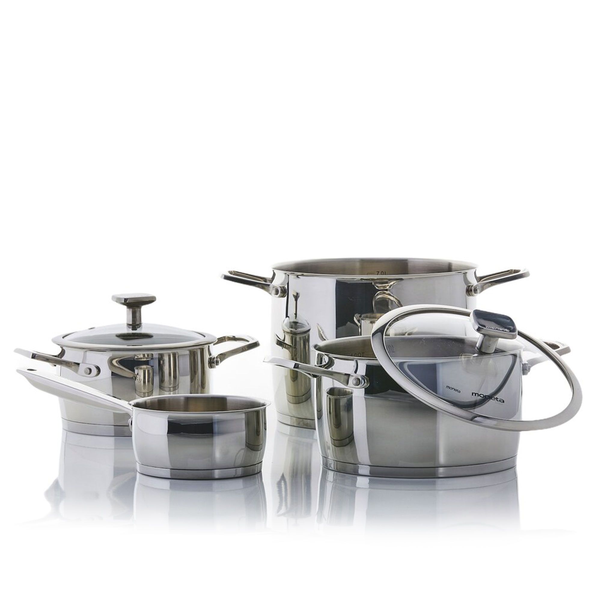 Moneta
Padella, casseruola,
wok, 2 coperchi e
2 manici removibili