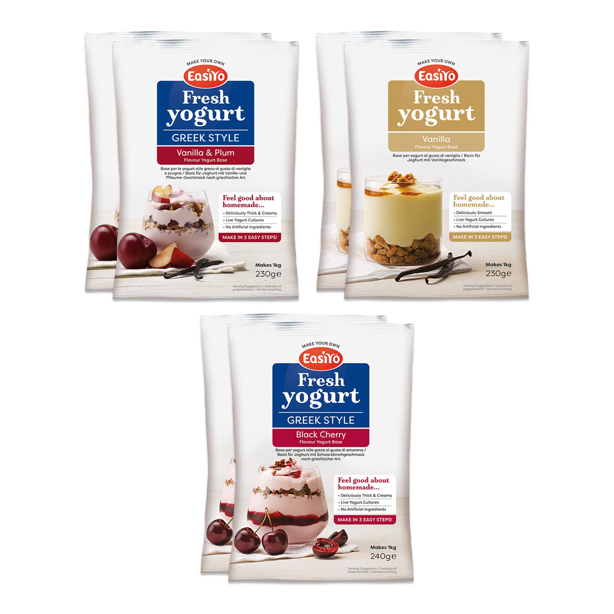 Easiyo
Kit 6 kg di yogurt:
vaniglia e prugna,
vaniglia, amarena