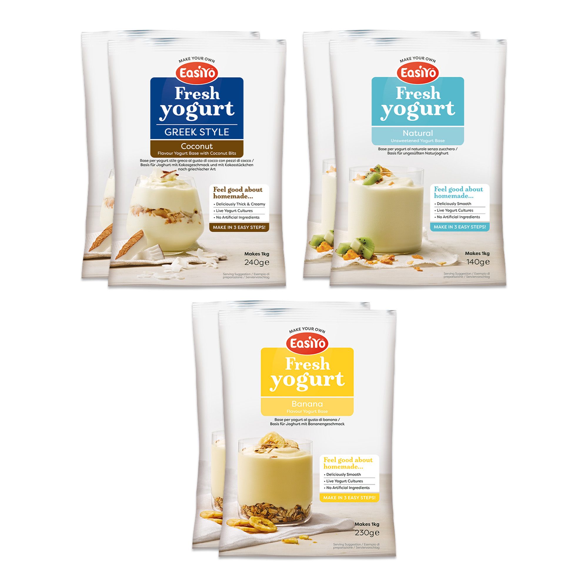 Easiyo
Kit 6 kg di yougurt
stile greco cocco, al
naturale e banana