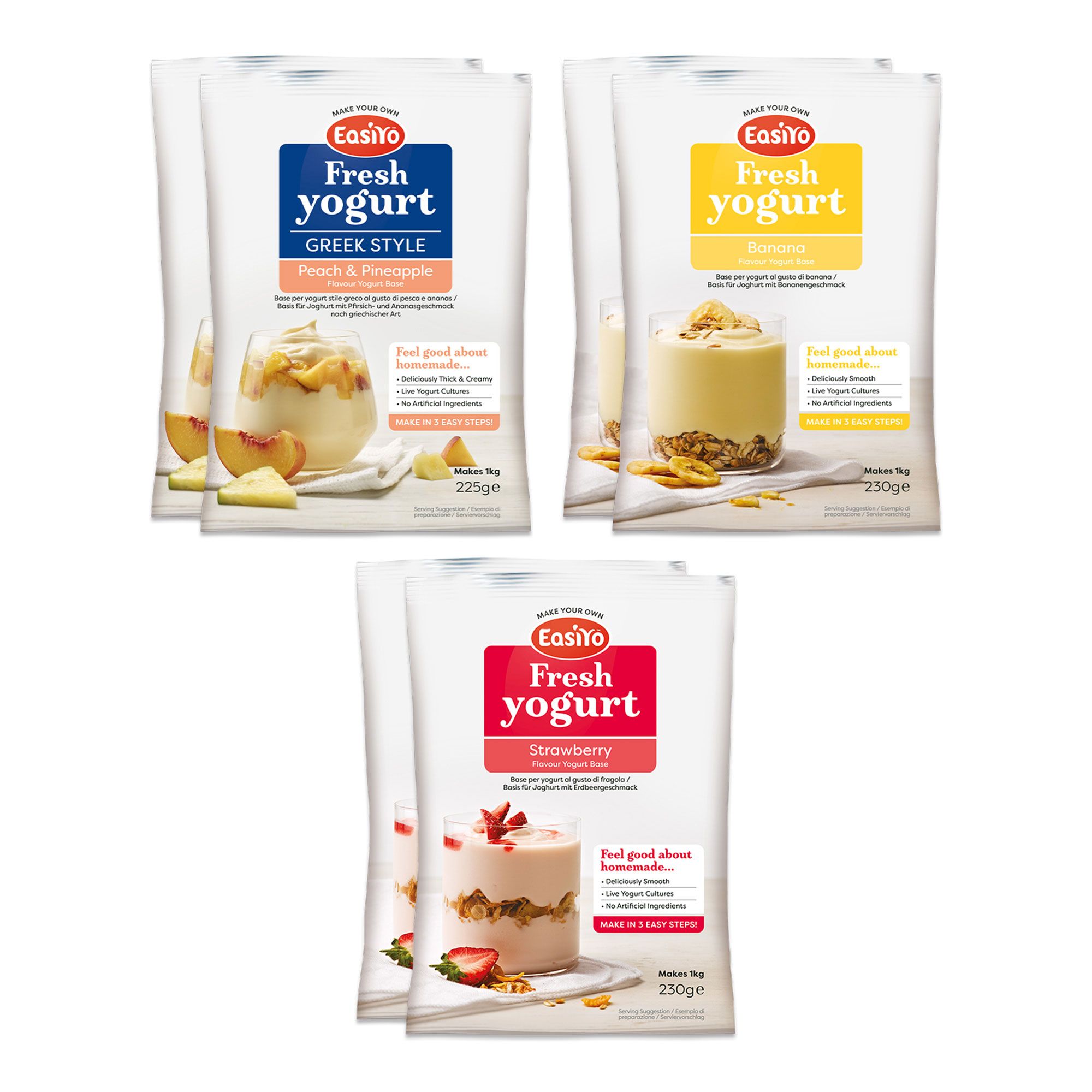 Easiyo
6 kg di yogurt
gusto pesca-ananas,
banana e fragola