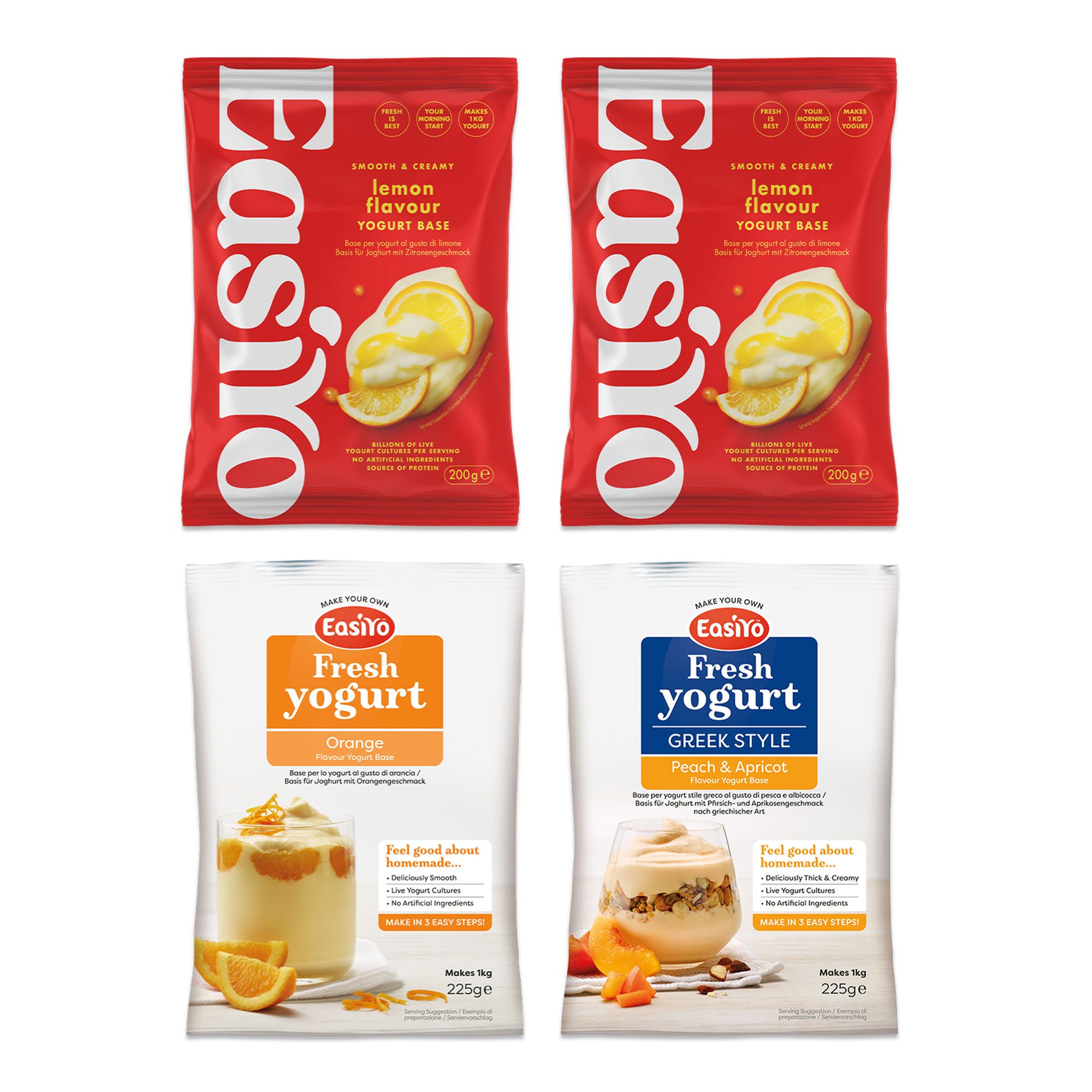 Easiyo
4kg di yogurt:
2 Limone, 1 Arancia,
1 Pesca&Albicocca