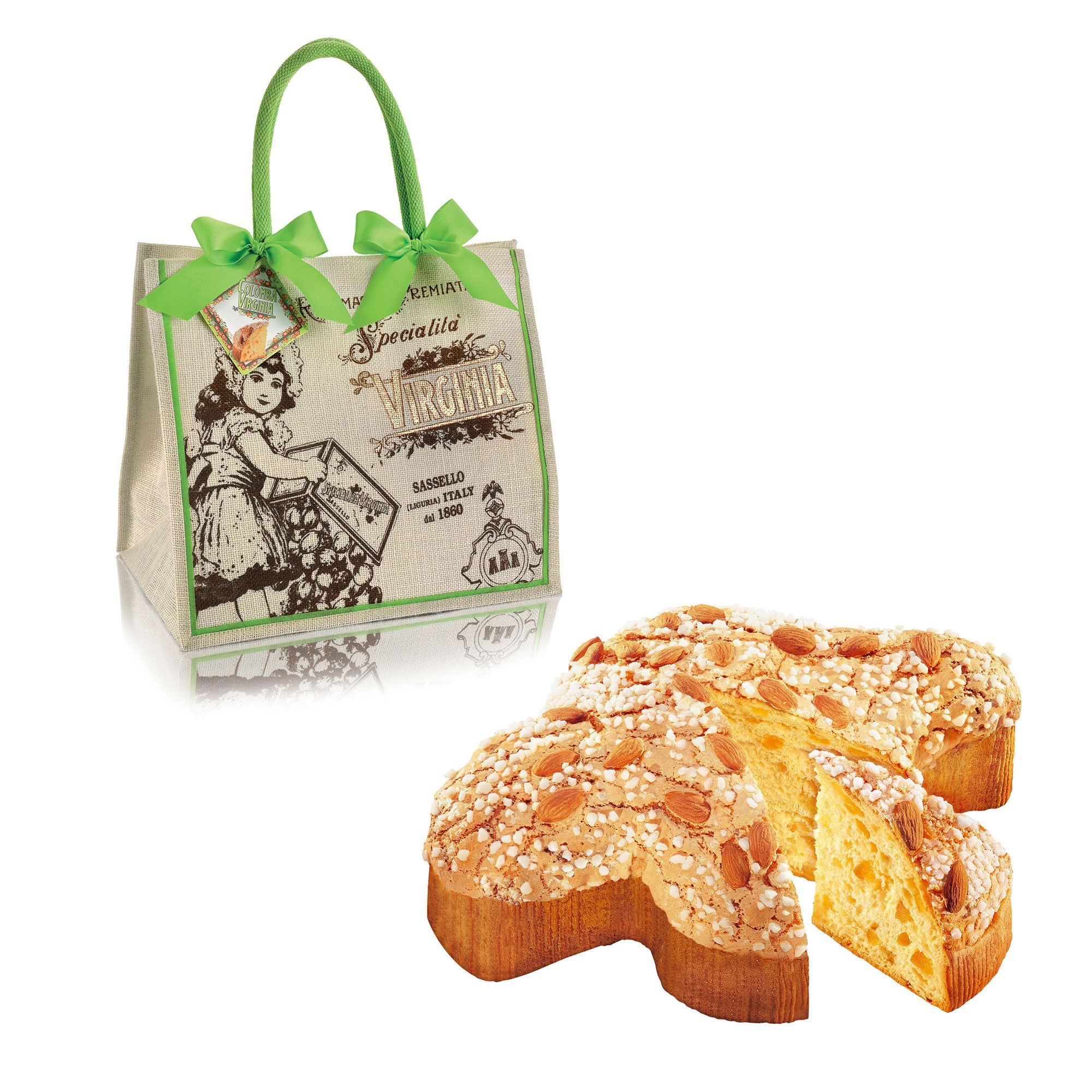 Image of Amaretti Virginia Colomba classica 1kg con borsa mare in yuta stampata061