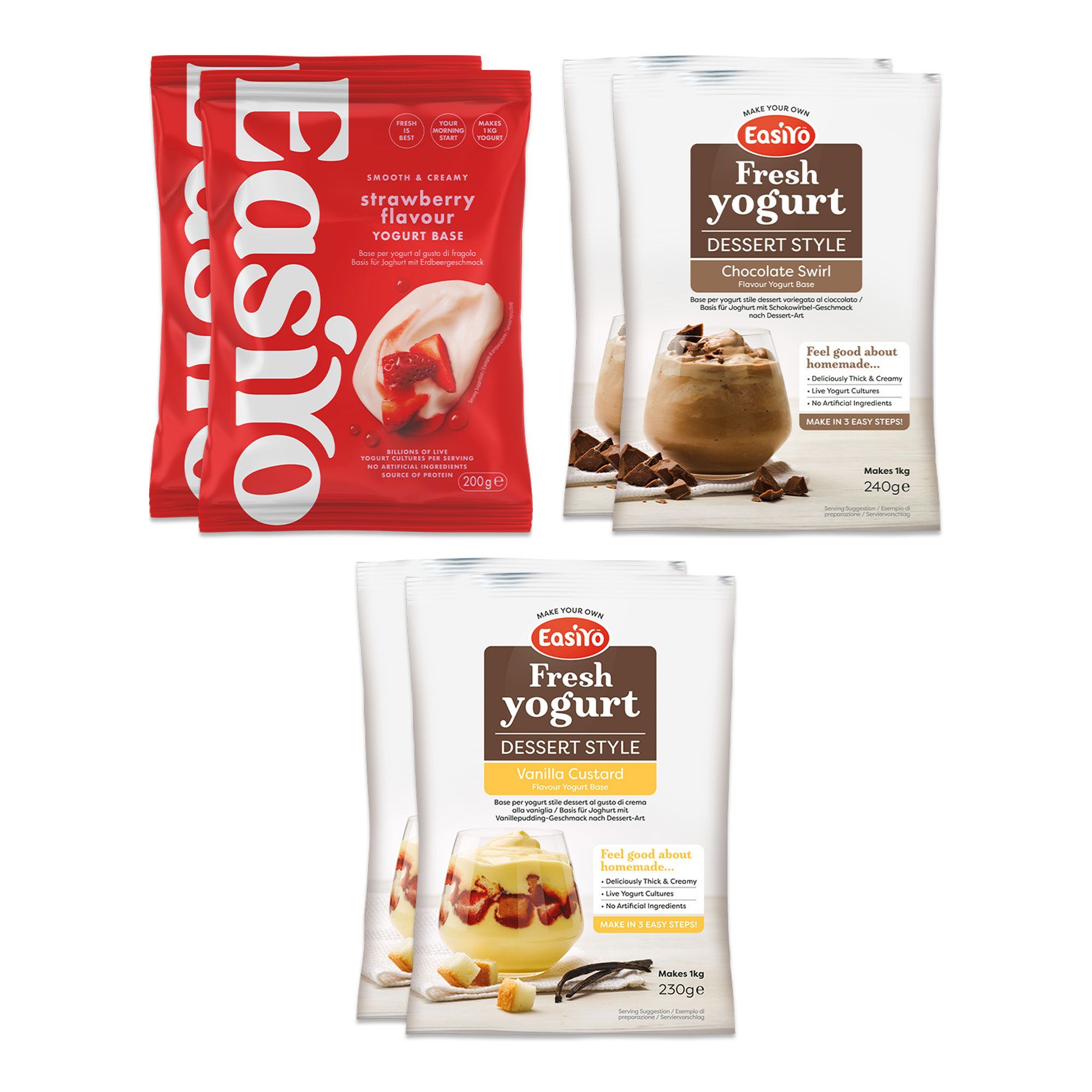 EasiYo
Kit 6kg yogurt
Vaniglia, Fragola e
Variegato Cioccolato