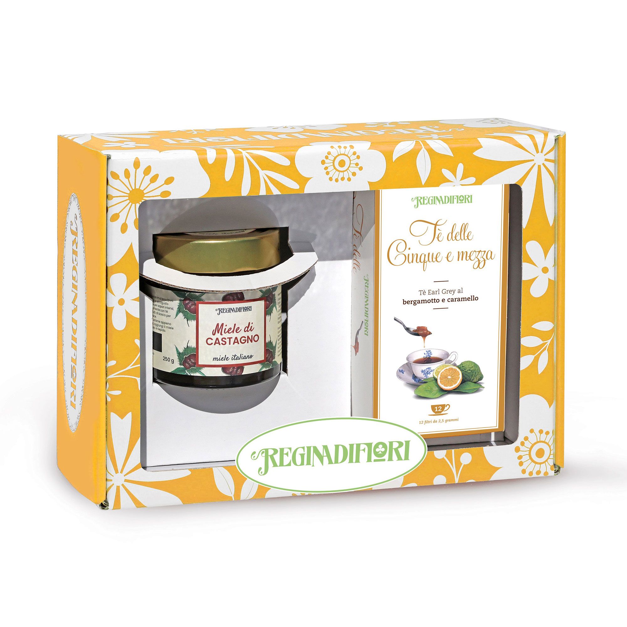 REGINAdiFIORI
Scatola regalo con
miele Castagno + tè
delle Cinque e Mezzo