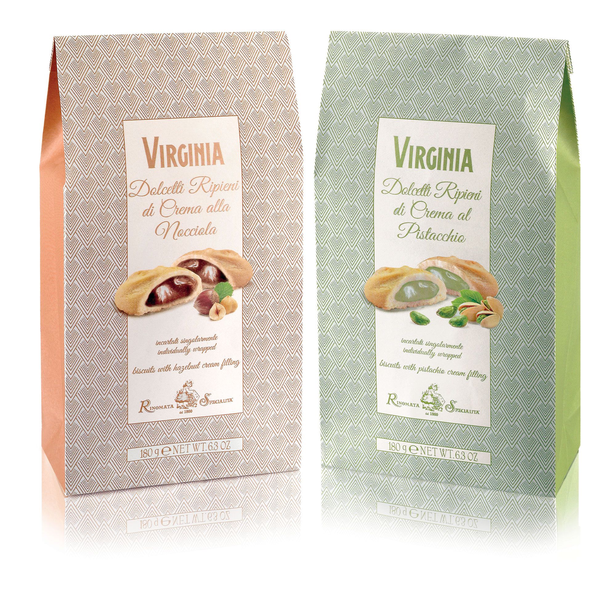 Amaretti Virginia
2 sacchetti di frolle
ripiene: Pistacchio
e Nocciola (2x180g)