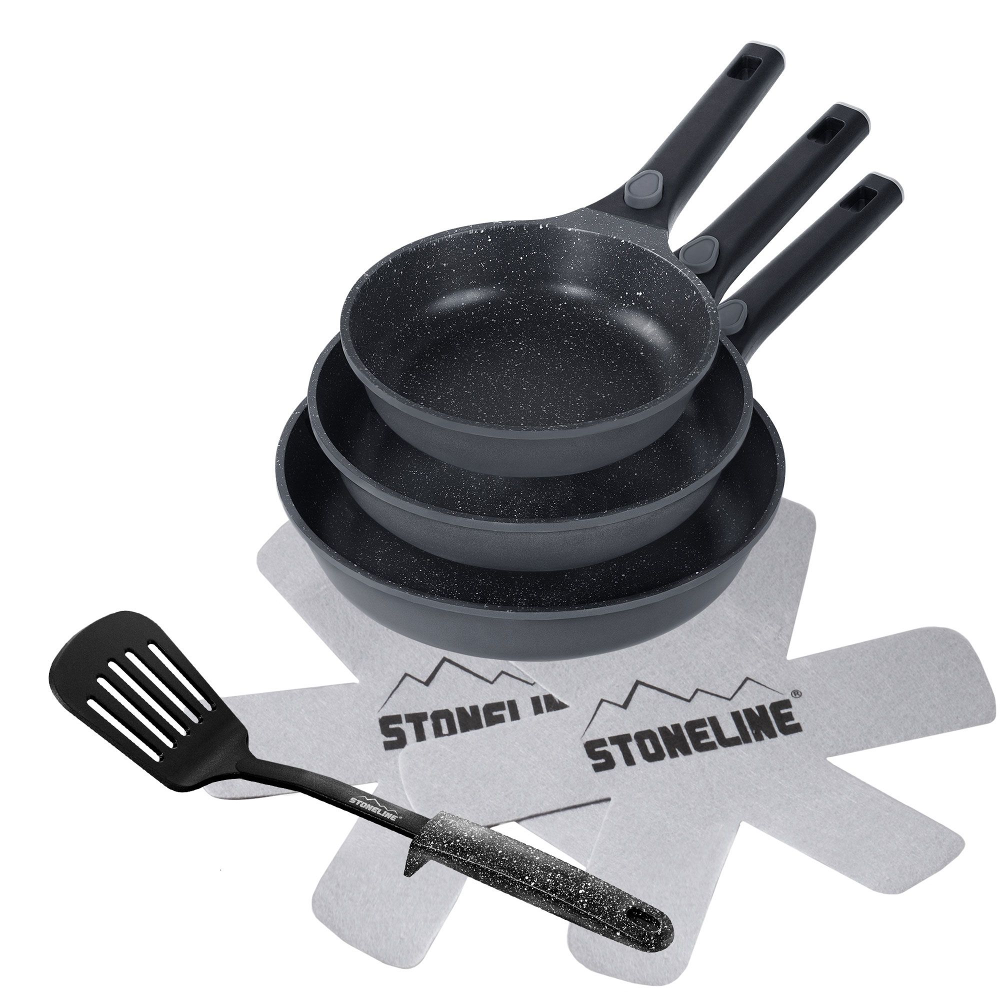Stoneline
3 padelle 20-24-28cm
con manico removibile
+spatola+salvapentola