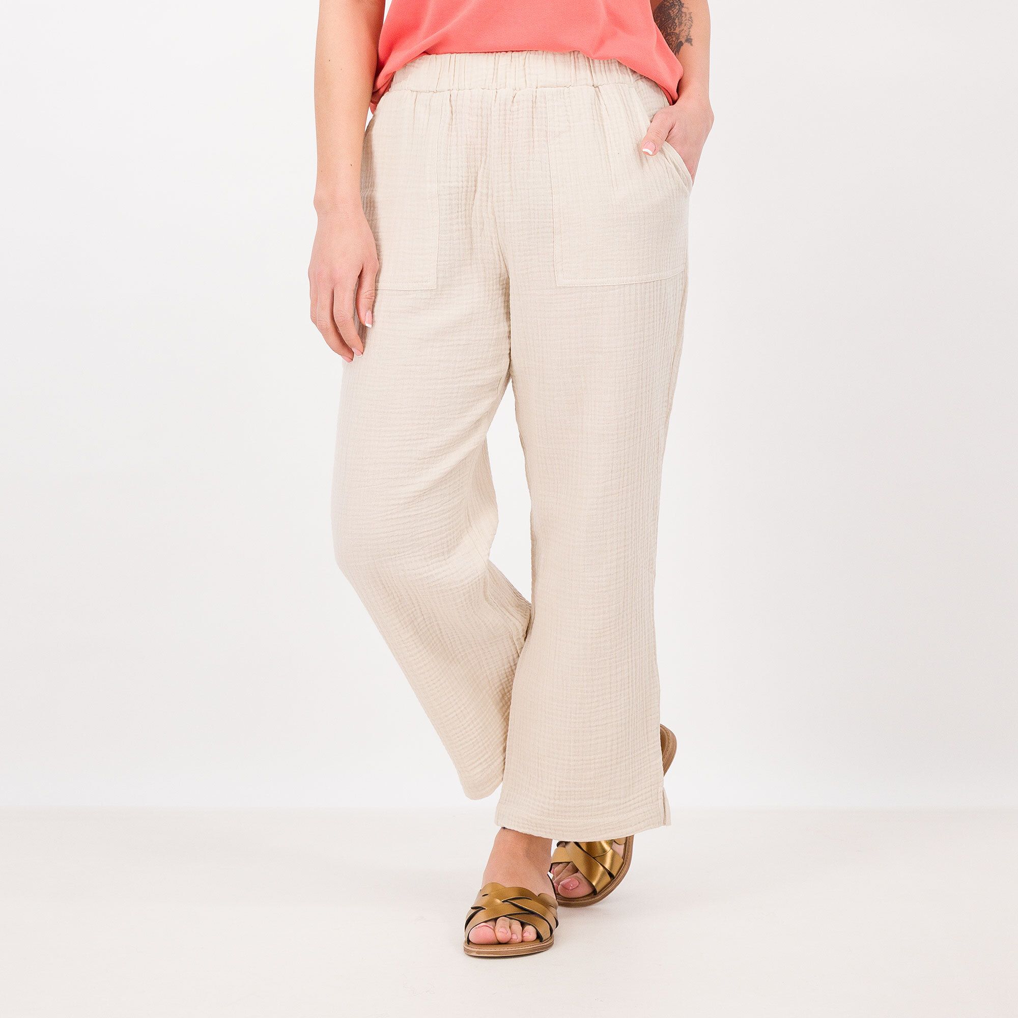 Image of Pantaloni ampi in garza di cotone con vita elasticata