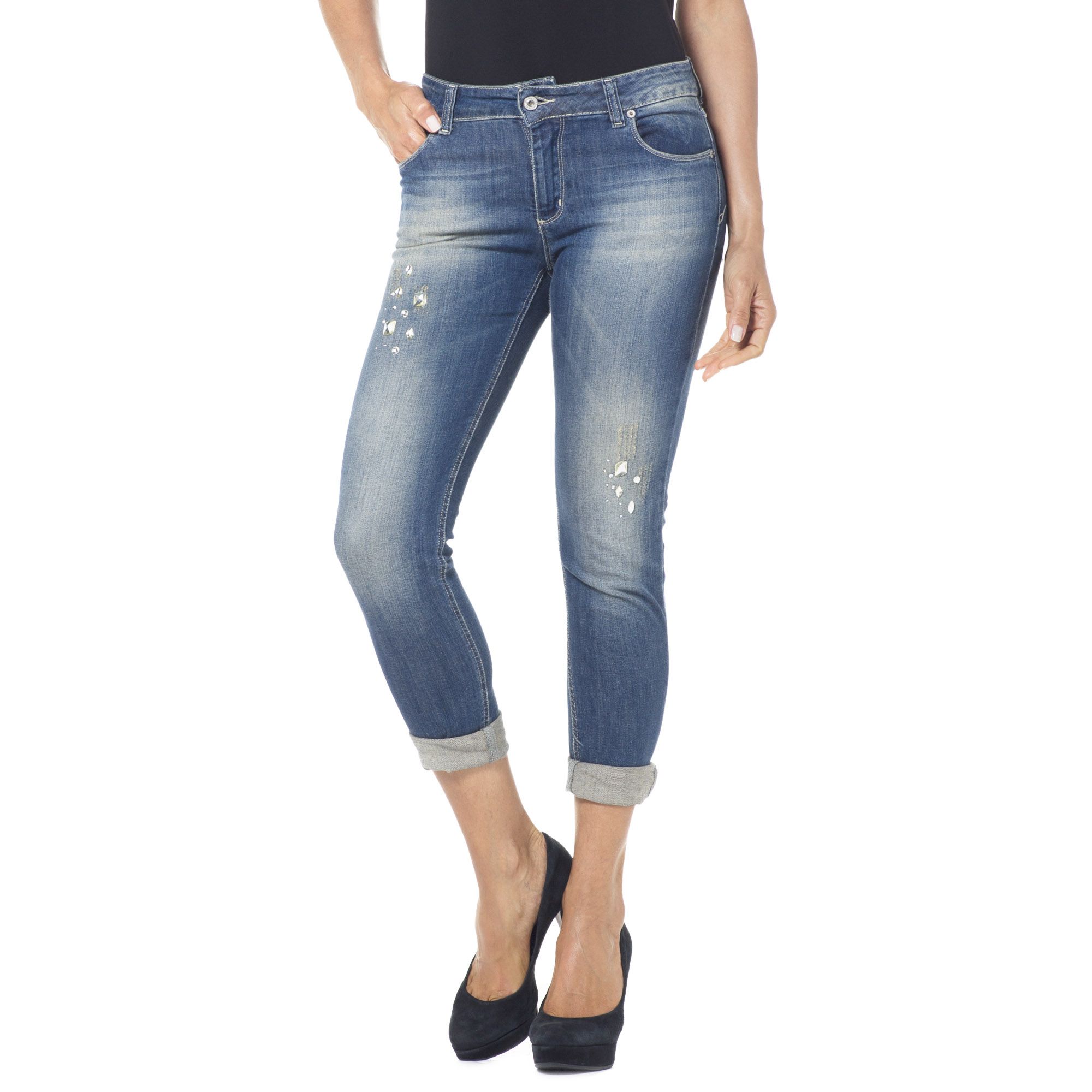 Elena B. Jeans stretch gamba aderente con applicazioni gioiello QVC