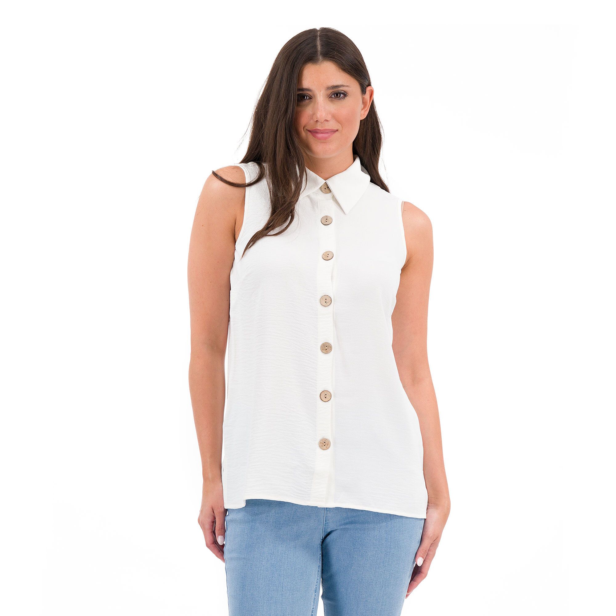 Nina Leonard Top smanicato con collo a camicia e spacchi QVC Italia
