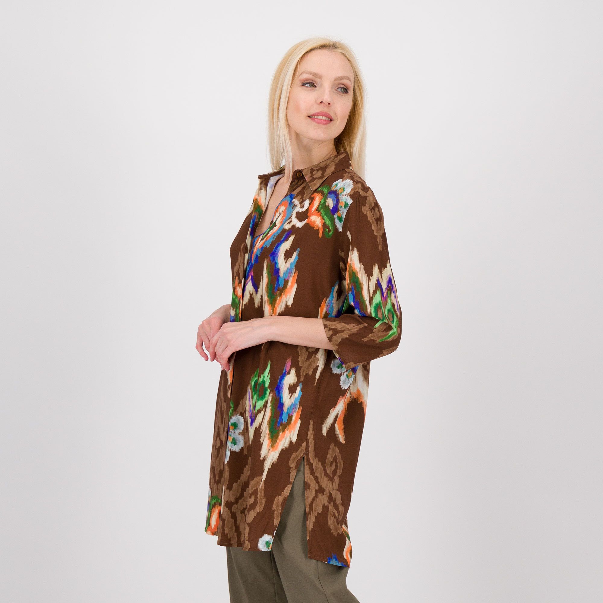 Guru-Shop Mini Abito Camicia Lunga Con Stampa Mano Di Fatima - Cotone Morbido Taglia S (36)