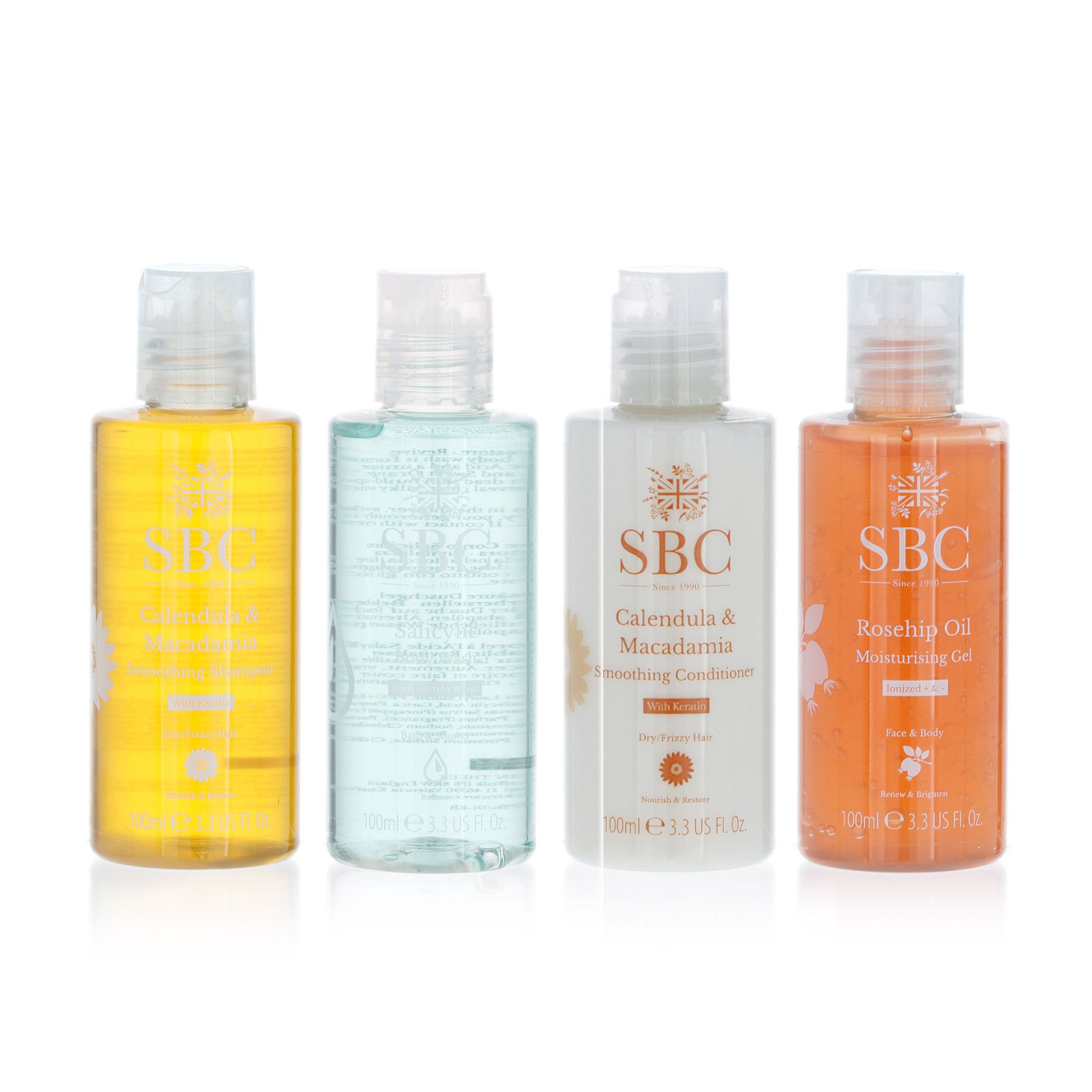 4 prodotti corpo: shampoo, balsamo, bagnoschiuma e idratante