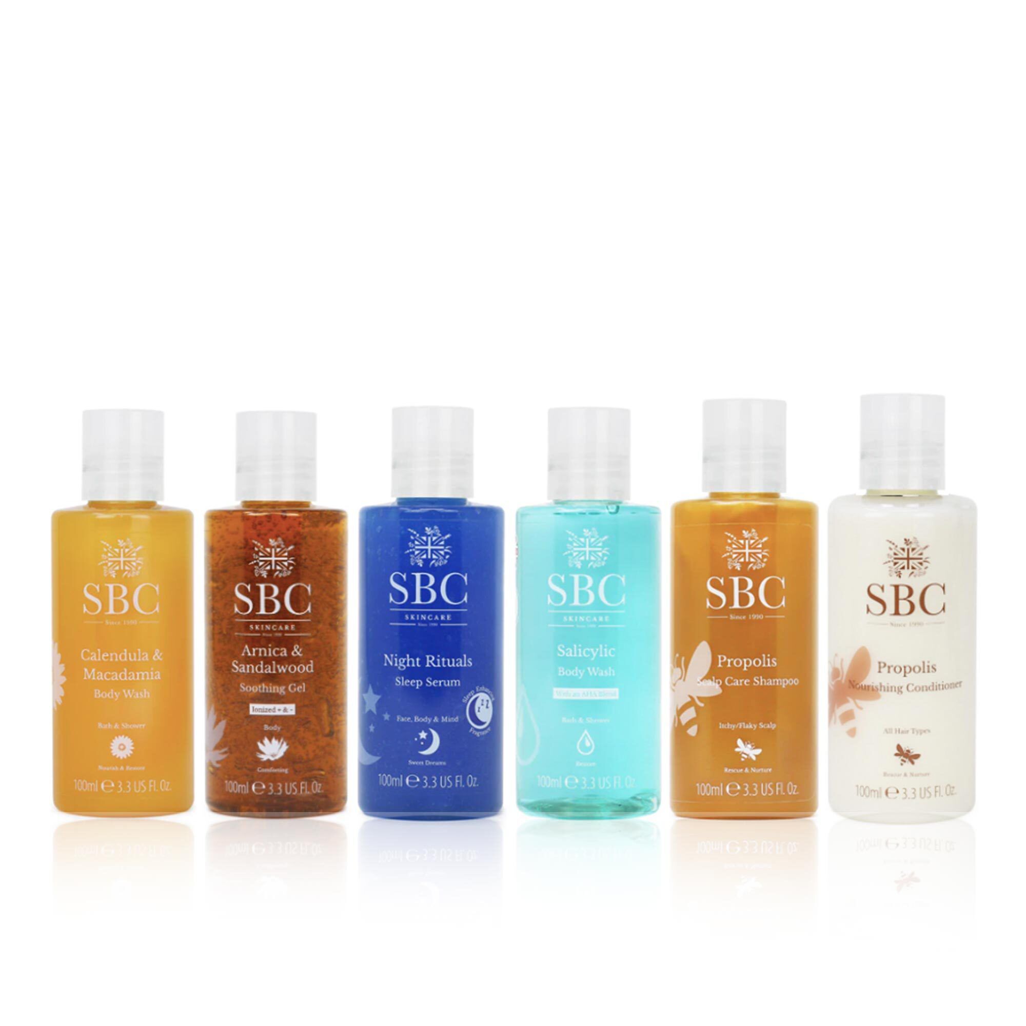 Image of 6 prodotti formato mini: bagnoschiuma, siero, shampoo, balsamo