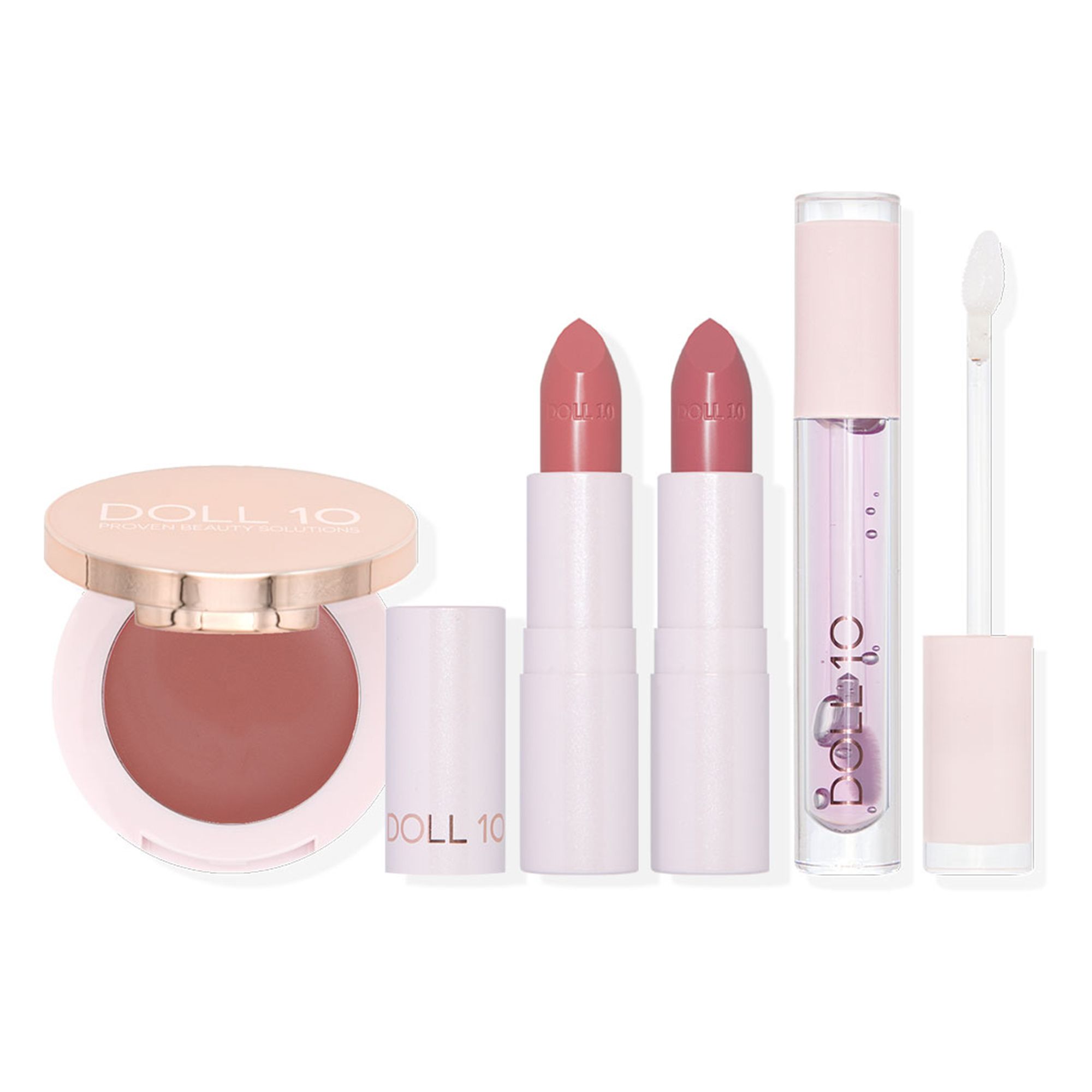 Image of 4 prodotti: 2 rossetti, gloss e blush in crema