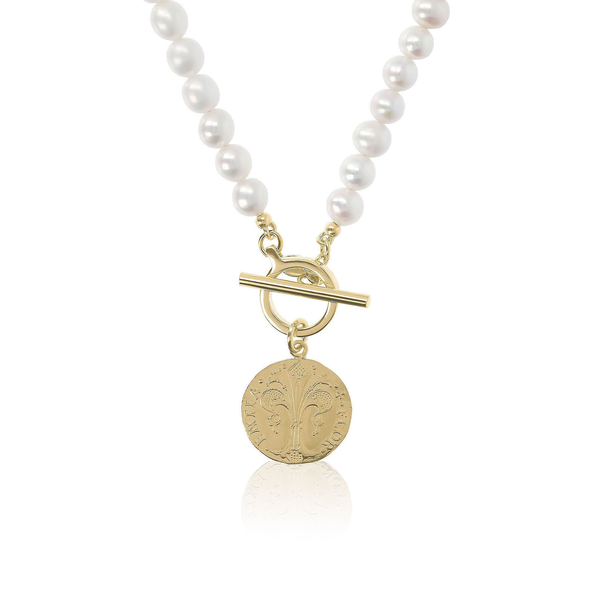 Collana di perle Ming e argento 925 pendente a moneta