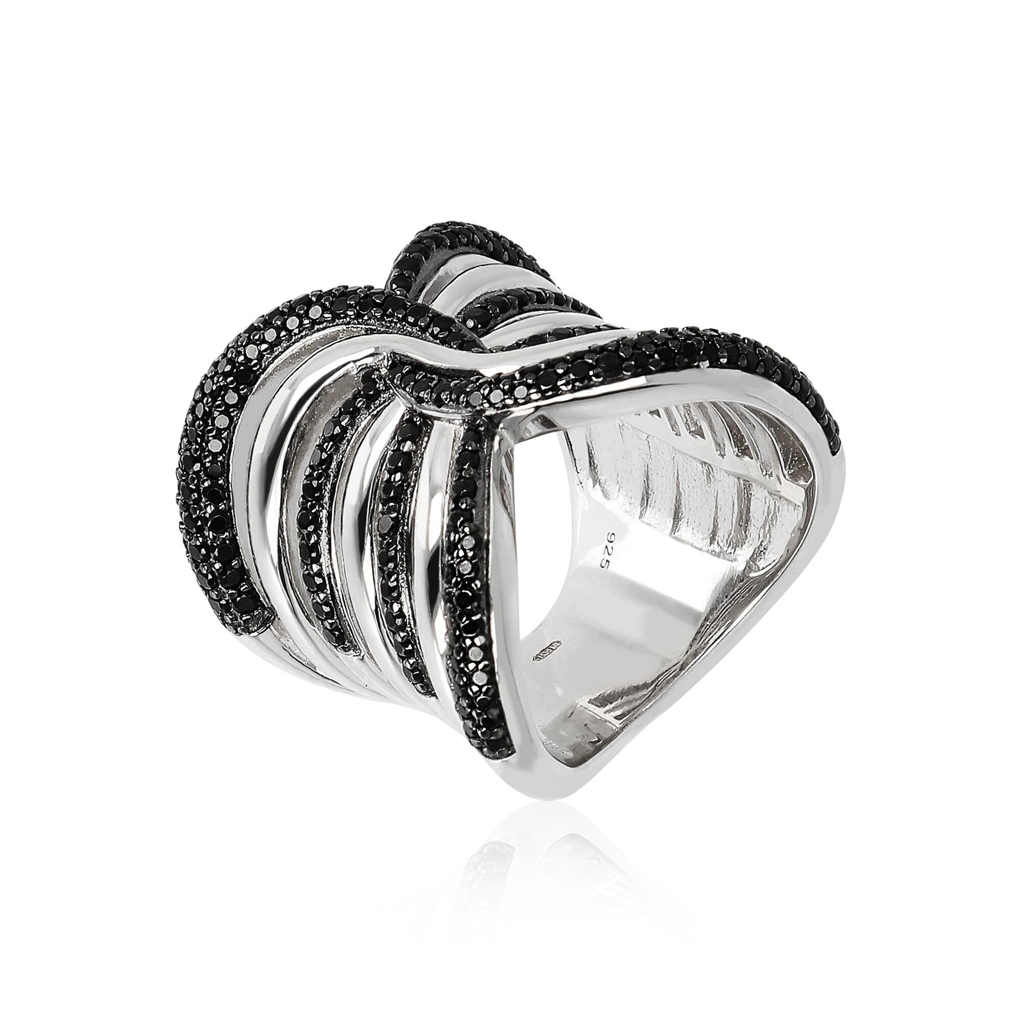 Anello argento 925 design intrecciato con spinelli neri