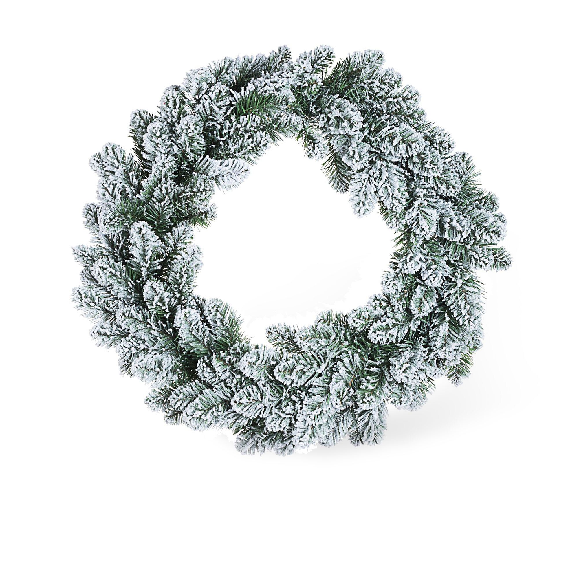 Corona natalizia con aghi di pino e neve artificiali
