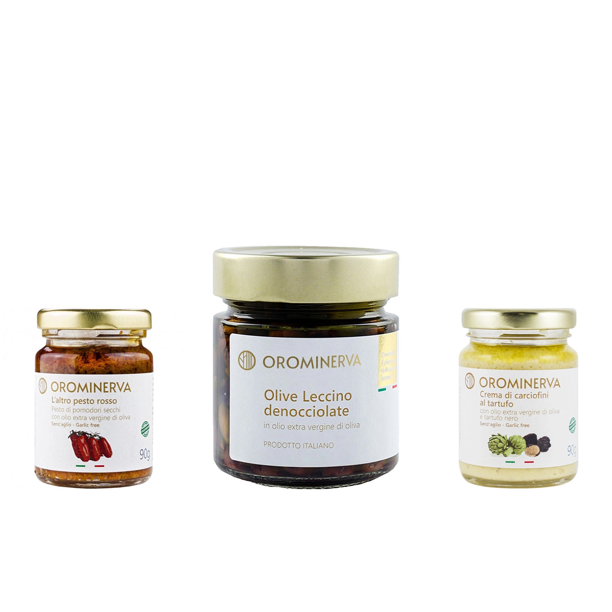 3 prodotti: pesto rosso, crema carciofini, olive leccino