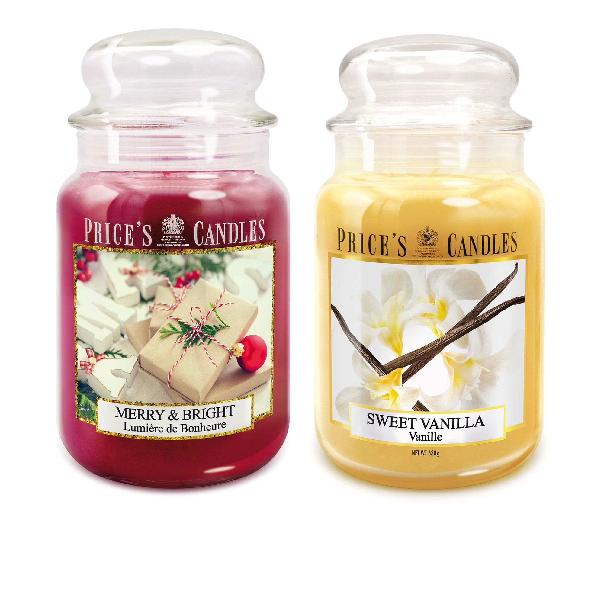 Price's Candles Set 2 candele grandi Merry&Bright e Sweet Vanilla QVC