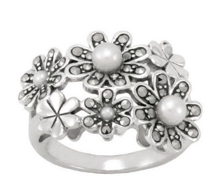 Suspicion Sterling Marcasite and Cultured PearlFlower Ring