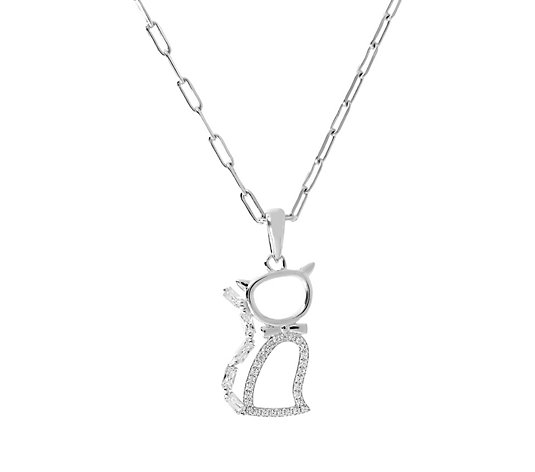 Diamonique Cat Pendant w/ Paperclip Chain, Sterling Silver