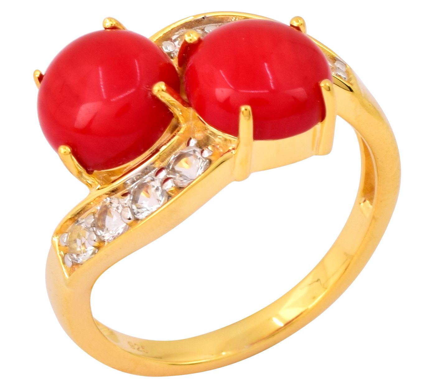 Affinity Gems Red Coral &White Topaz Ring, 14K Gold Plated