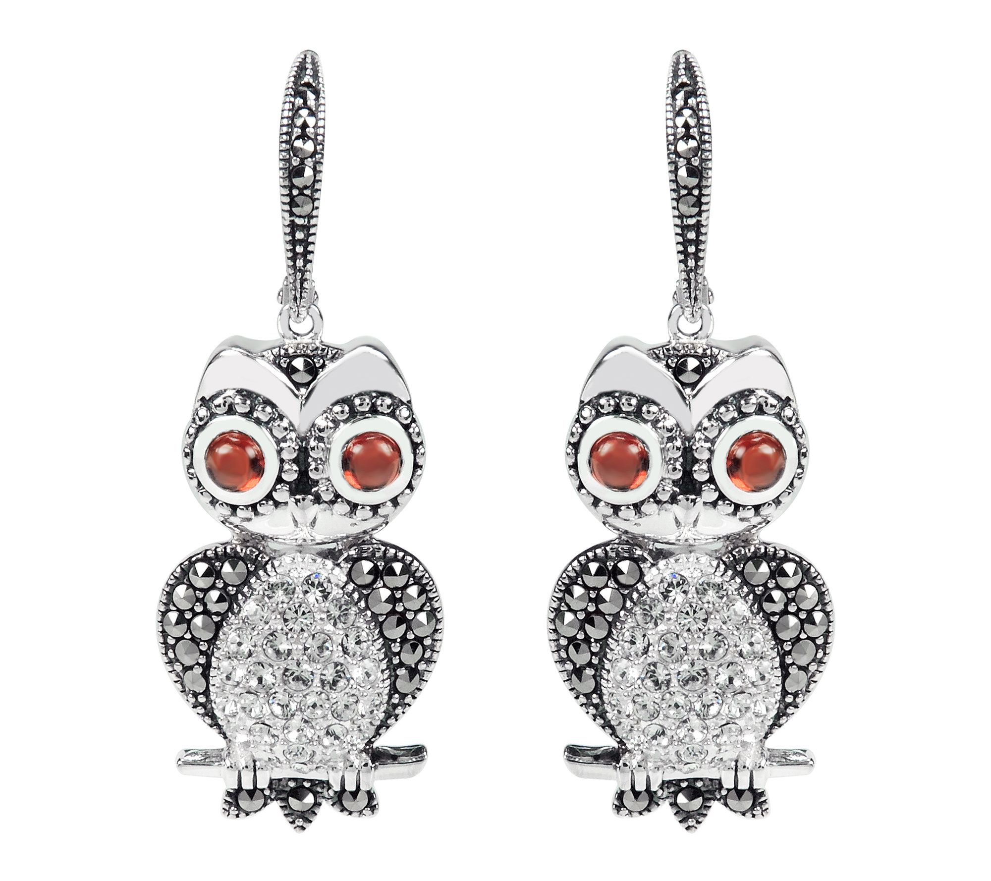 Suspicion Garnet & Marcasite Owl Earrings, Sterling Silver