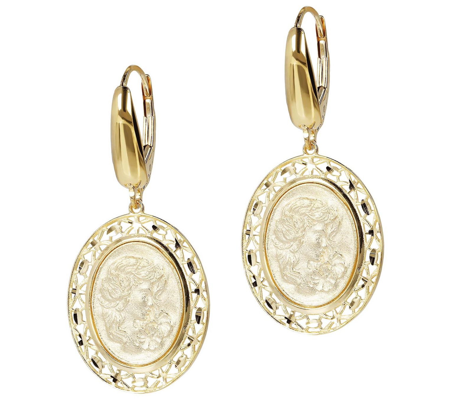 Italian Gold Oval Cameo Dangle Earrings, 14K Gold