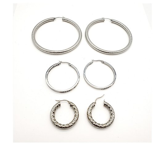 Steel by Design Set of 3 Round Textured Hoop Earrings