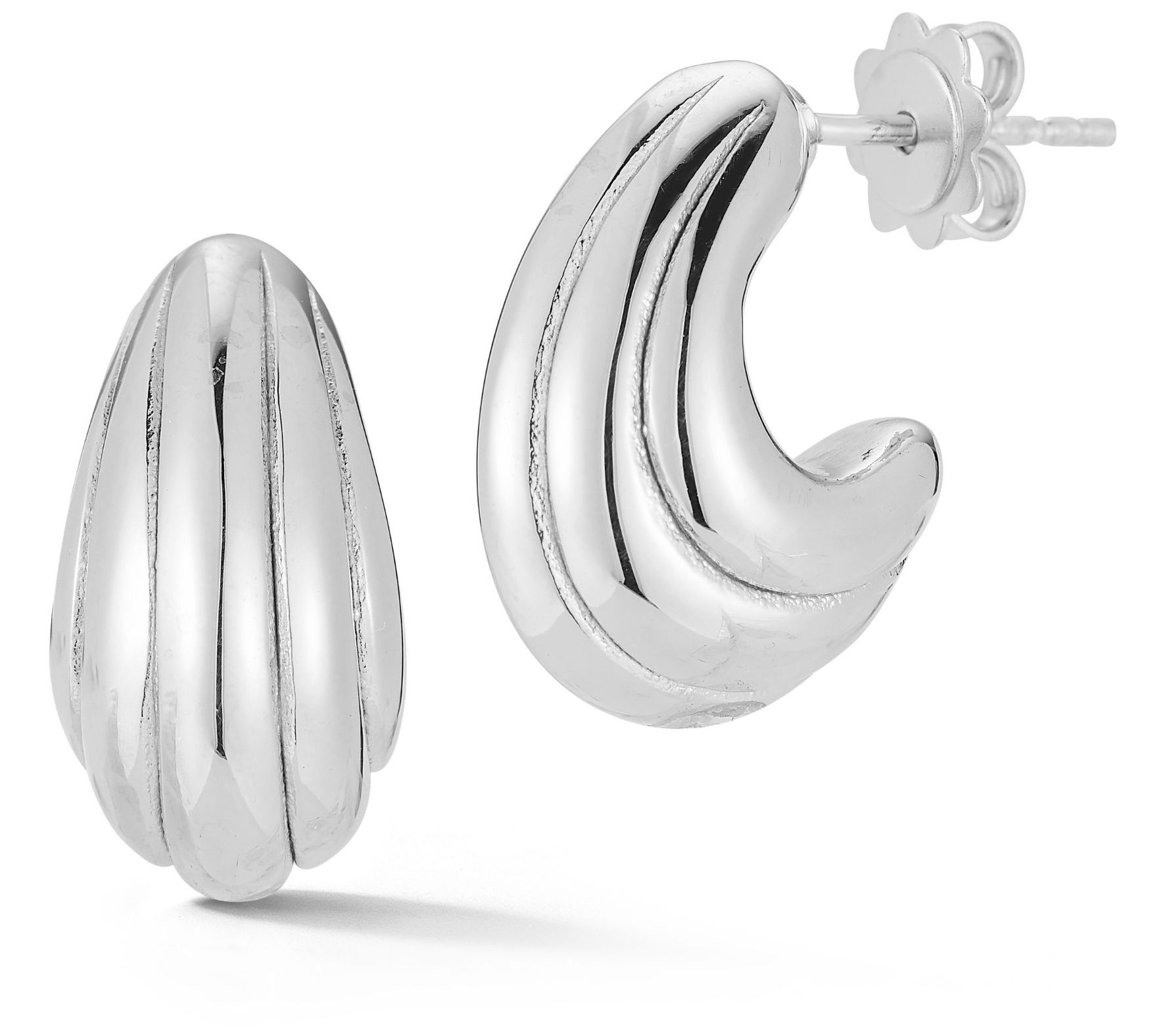 Italian Silver Hollow Ribbed J Earrings, Sterling