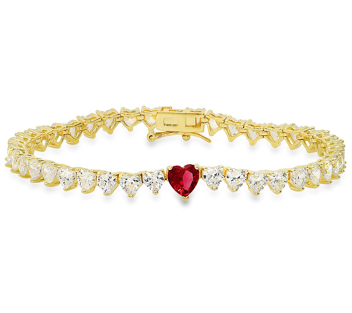 Sterling Silver Simulated Gemstone Heart-Cut Tennis Bracelet