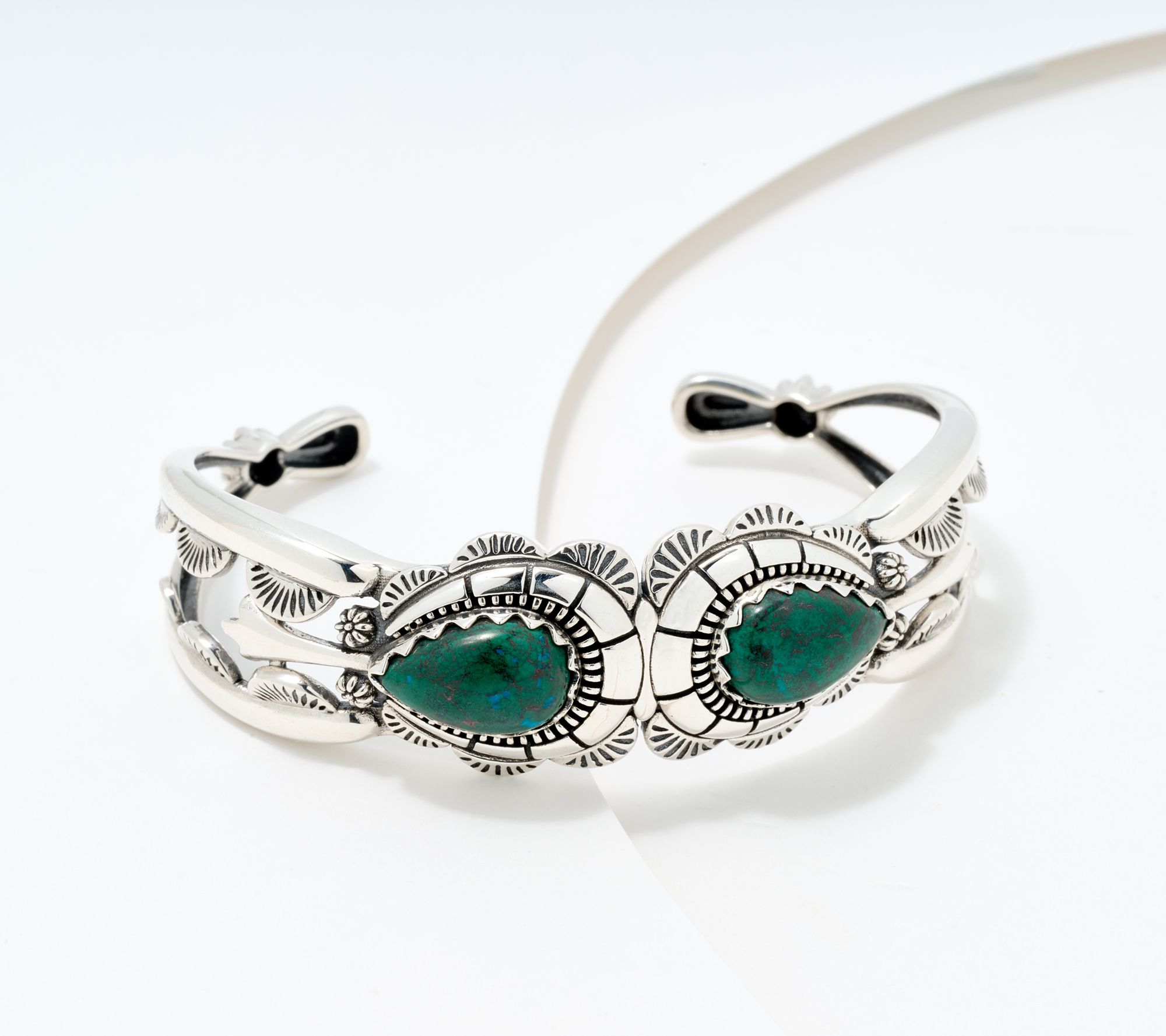 American West Sterling Silver Pear Gemstone Squash Blossom Cuff Bracelet