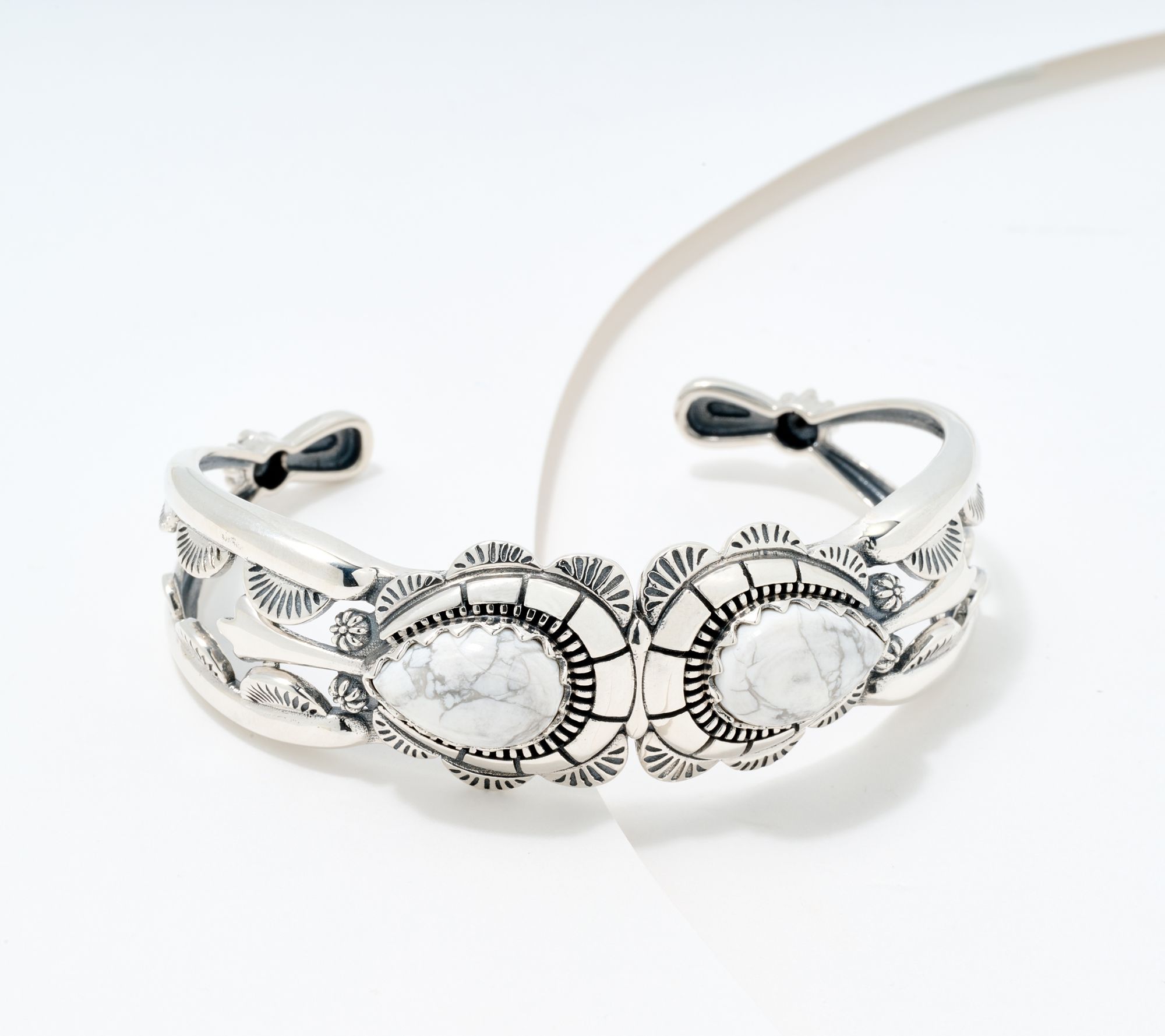 American West Sterling Silver Pear Gemstone Squash Blossom Cuff Bracelet