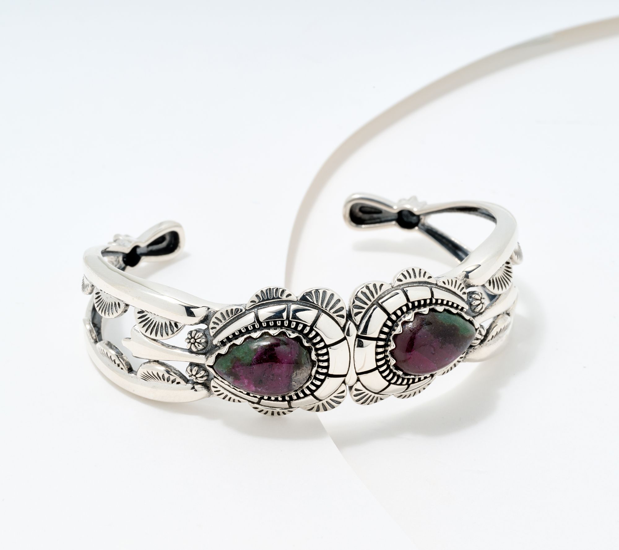American West Sterling Silver Pear Gemstone Squash Blossom Cuff Bracelet