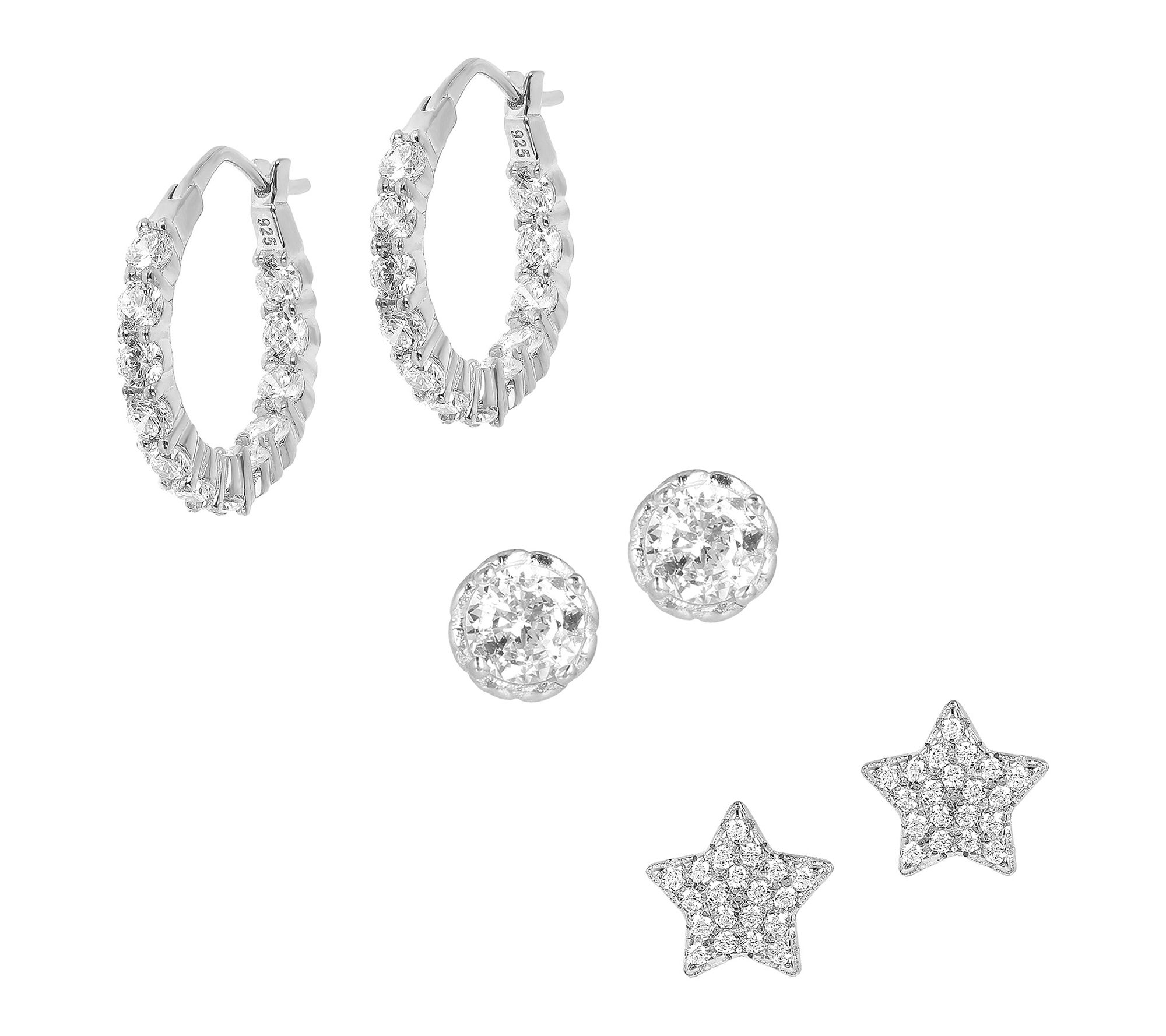 Diamonique Hoop, Stud & Star Earrings Boxed Set, Sterling