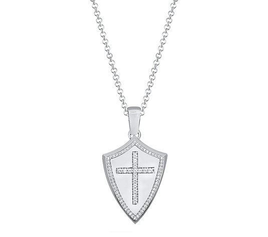 Men's Diamond Shield Cross Pendant w/ Chain, Sterling Silver