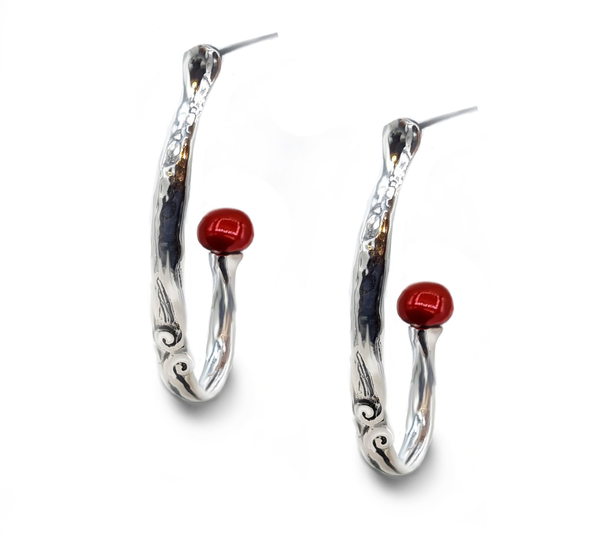 Hagit Sterling Silver Cultured Pearl Hammered Hoop Earrings