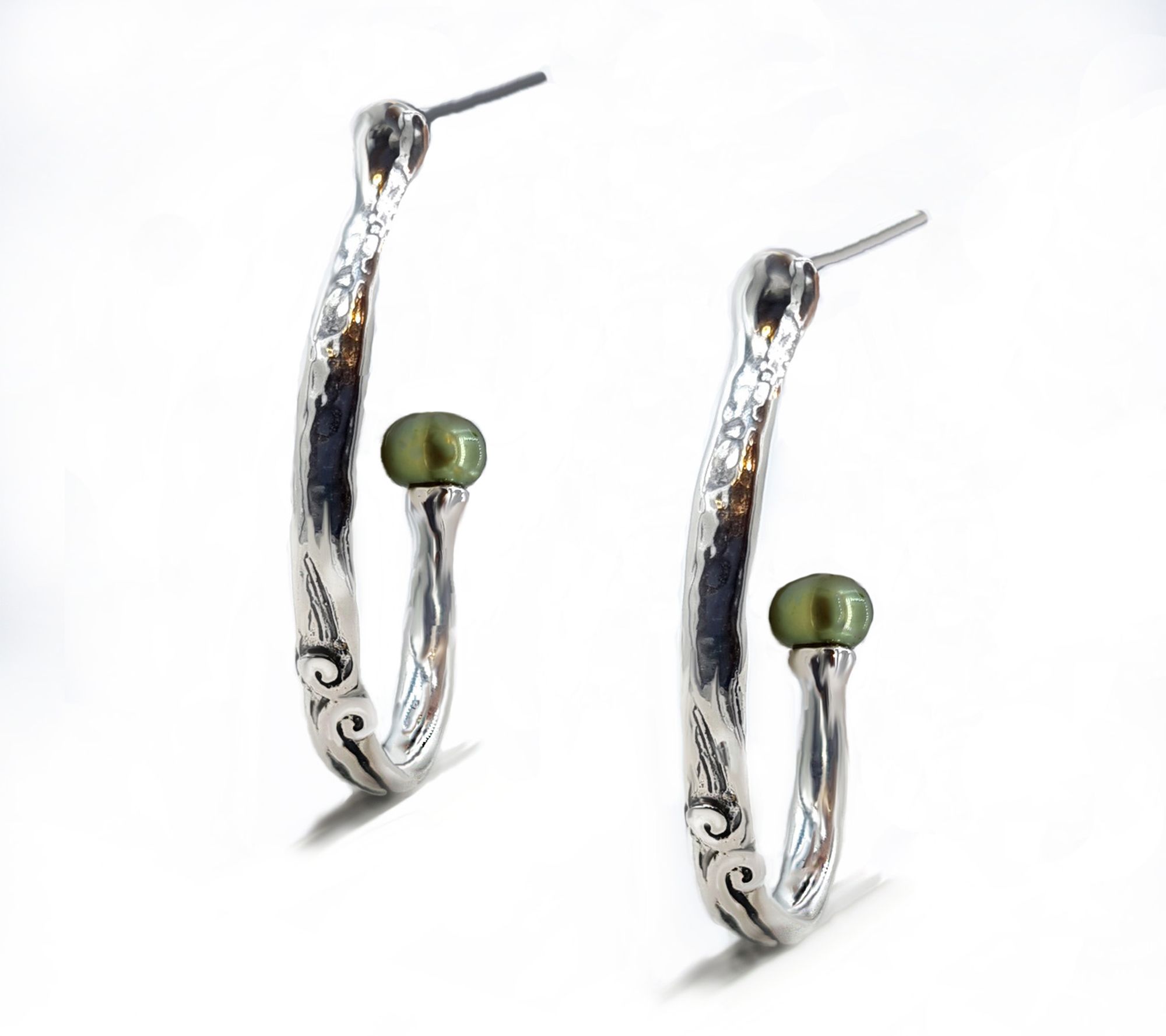 Hagit Sterling Silver Cultured Pearl Hammered Hoop Earrings