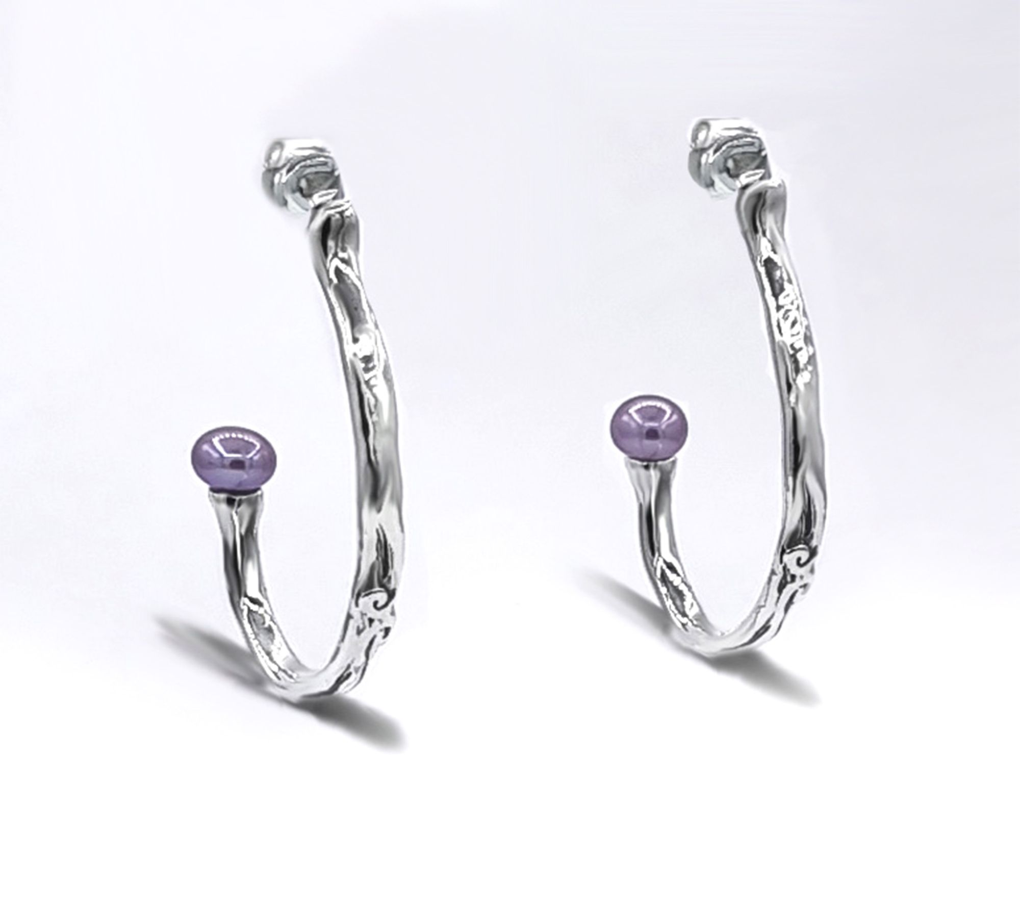 Hagit Sterling Silver Cultured Pearl Hammered Hoop Earrings