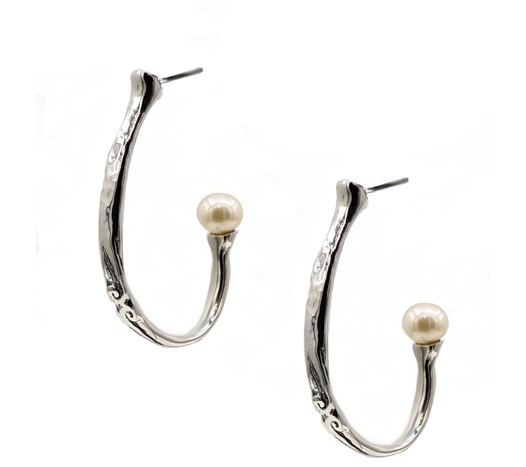 Hagit Sterling Silver Cultured Pearl Hammered Hoop Earrings